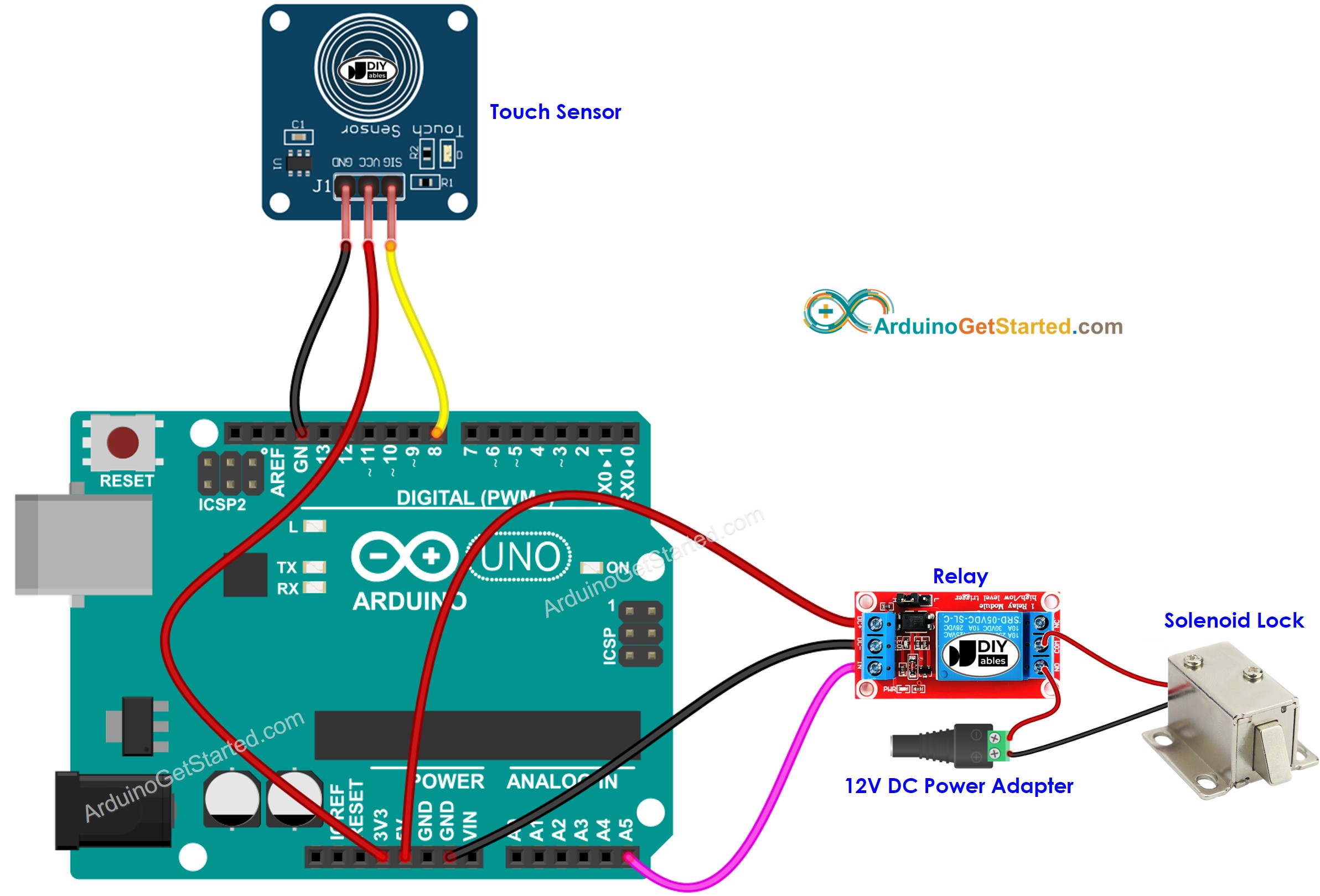 Diagrama de Ligação do Arduino com Sensor de Toque e Fechadura Solenoide