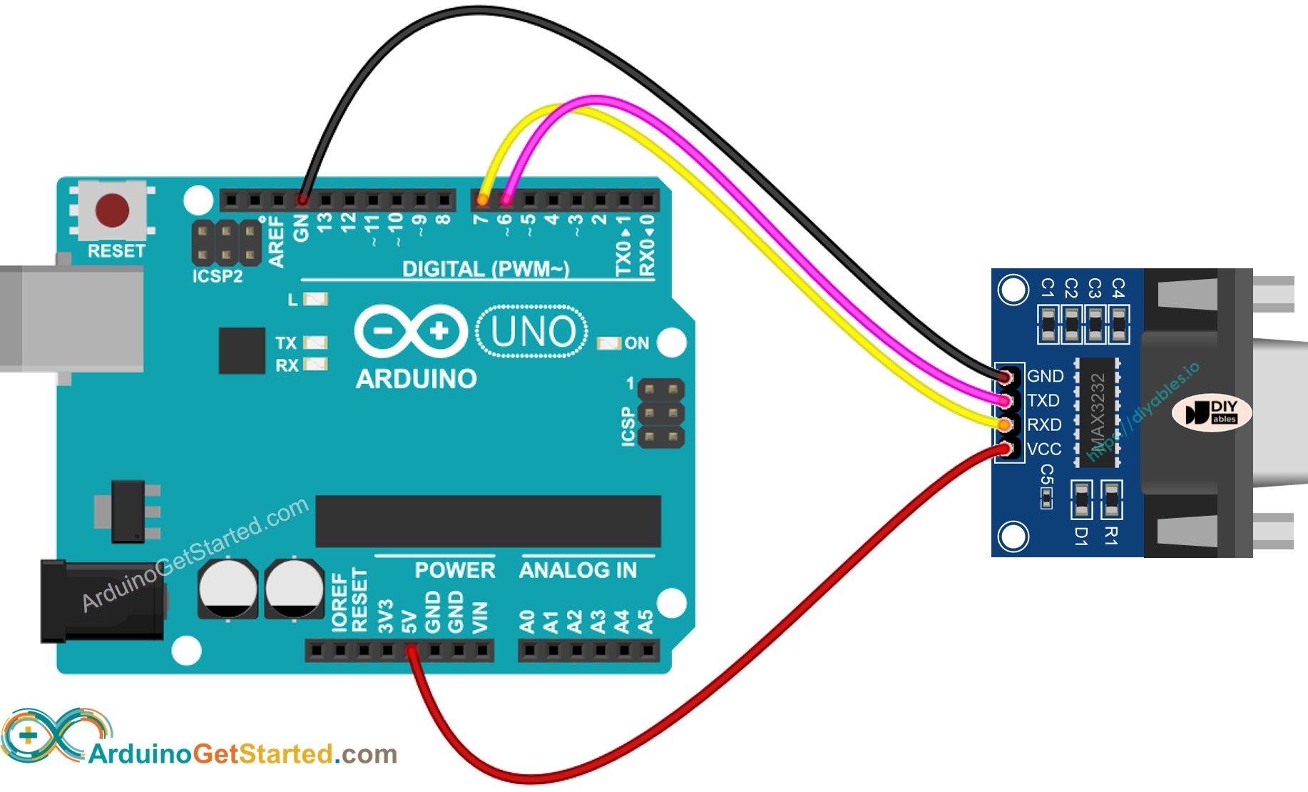 Diagrama de ligação do Arduino com RS-232 para TTL