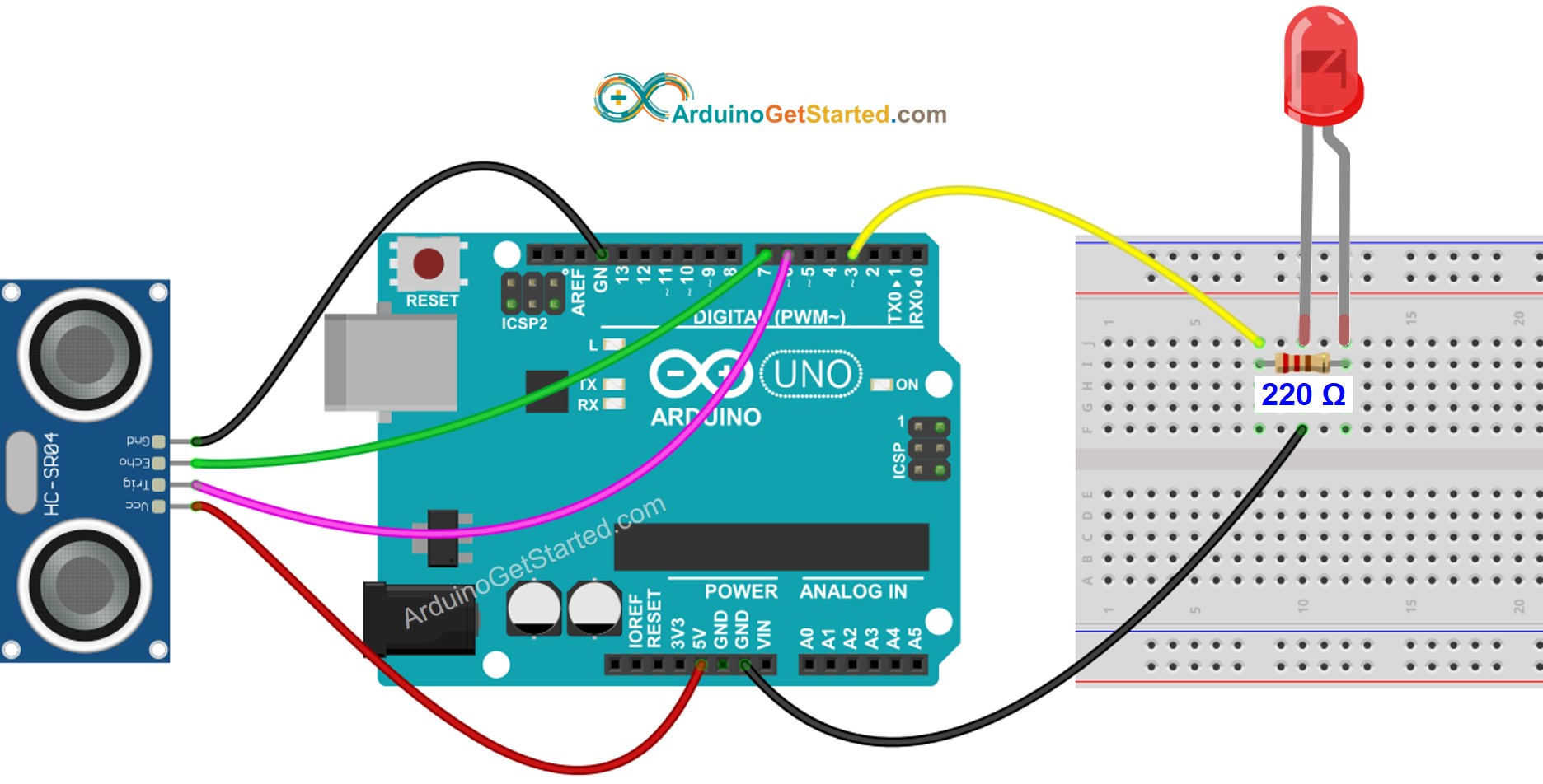 Diagrama de Ligação Arduino Sensor Ultrassônico LED