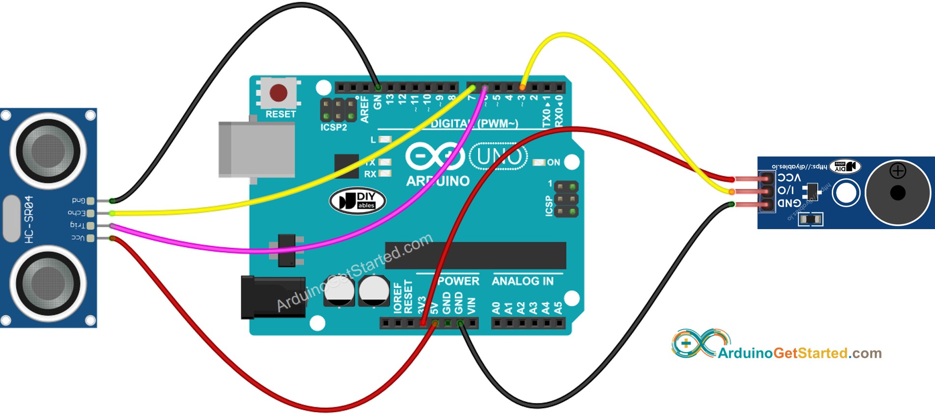 Diagrama de ligação Arduino sensor ultrassônico módulo buzzer piezo