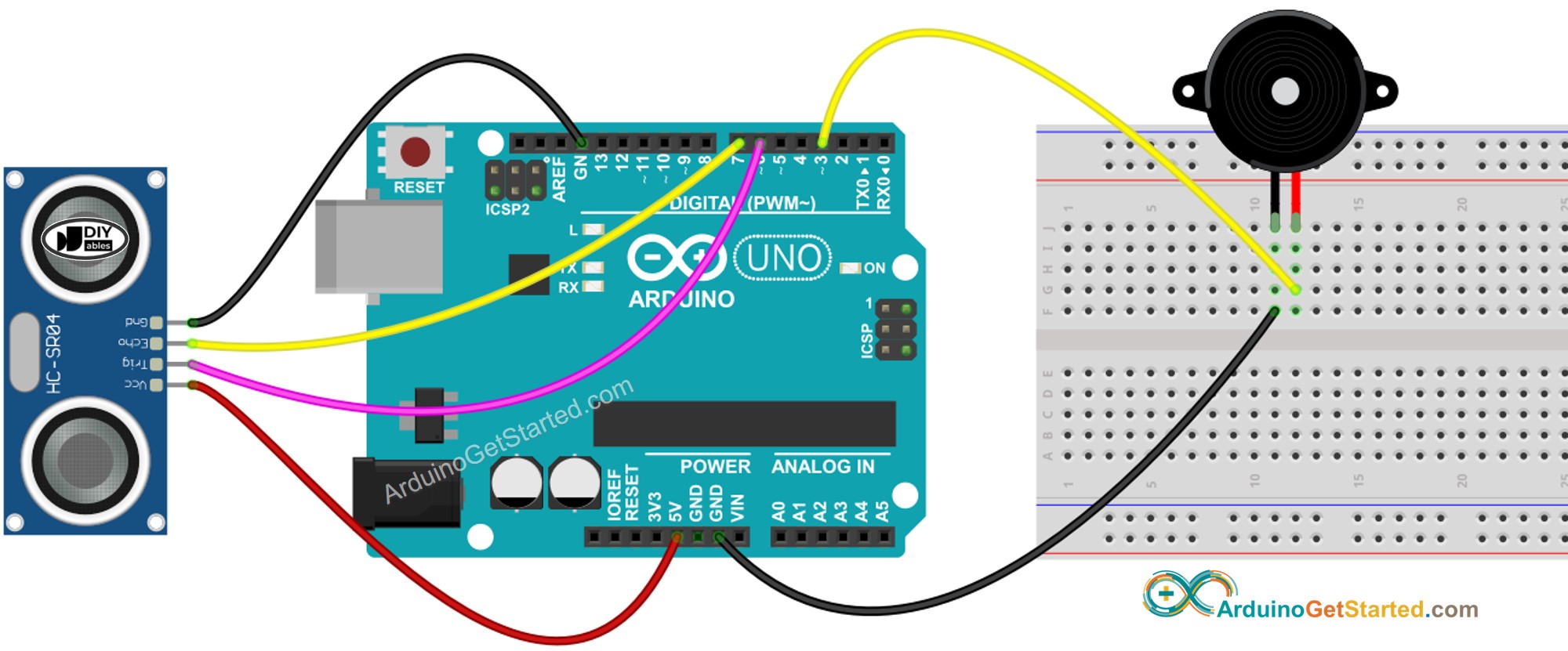 Diagrama de ligação Arduino sensor ultrassônico buzzer piezo