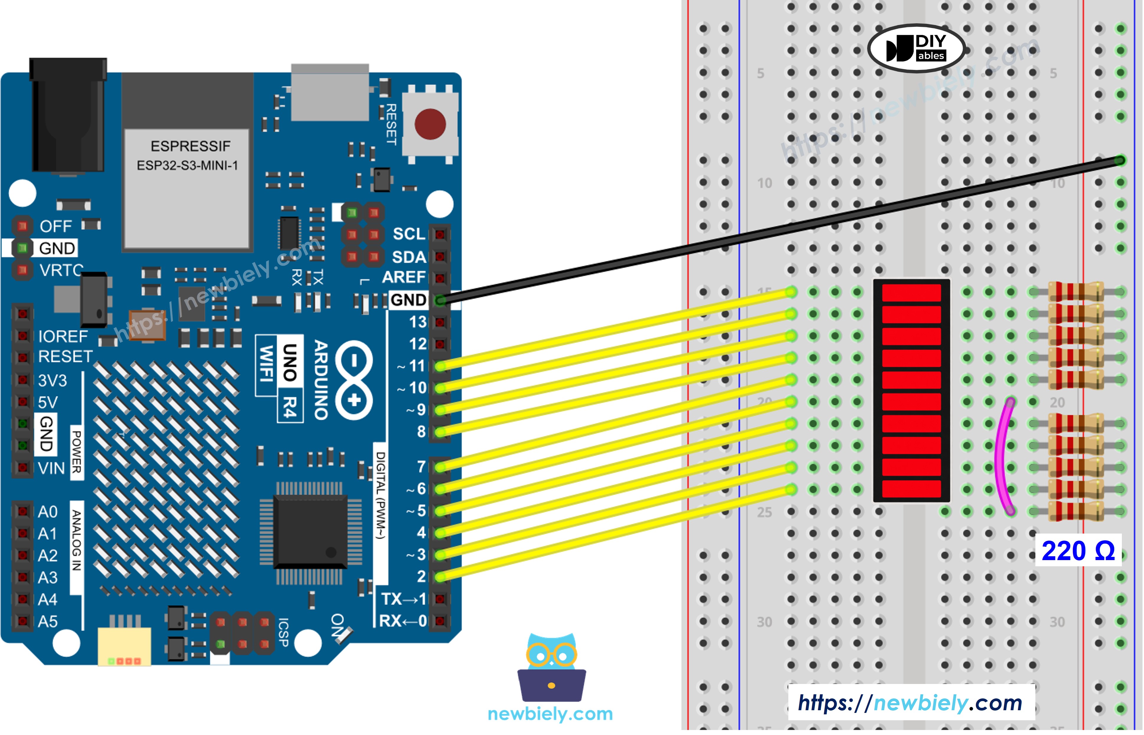 Diagrama de Ligação do Arduino UNO R4 e da Barra de LED de 10 Segmentos