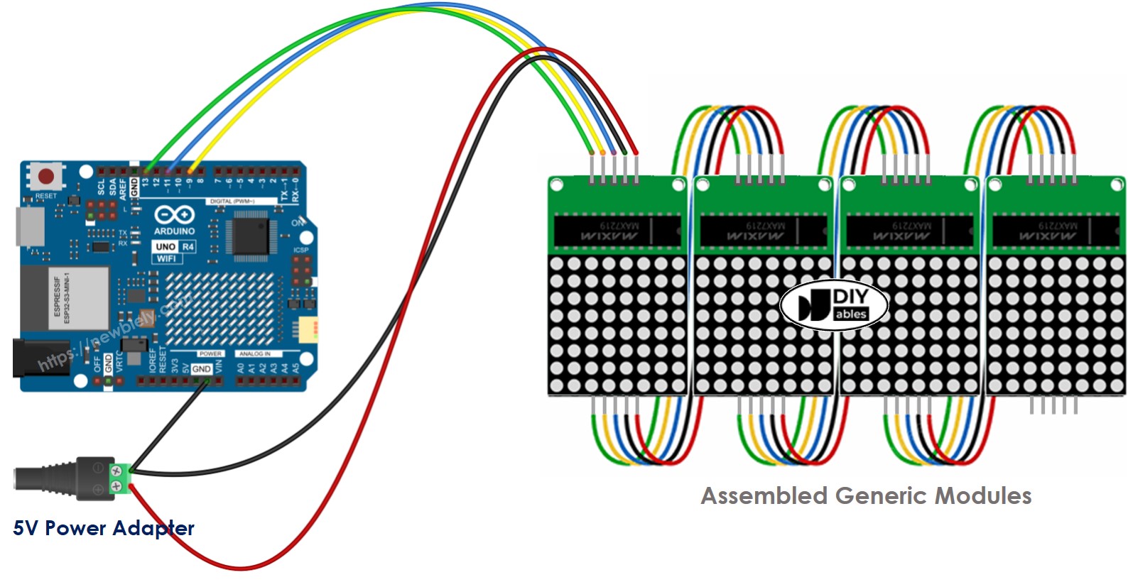 Diagrama de ligação da matriz de LED 32x8 genérica com Arduino UNO R4