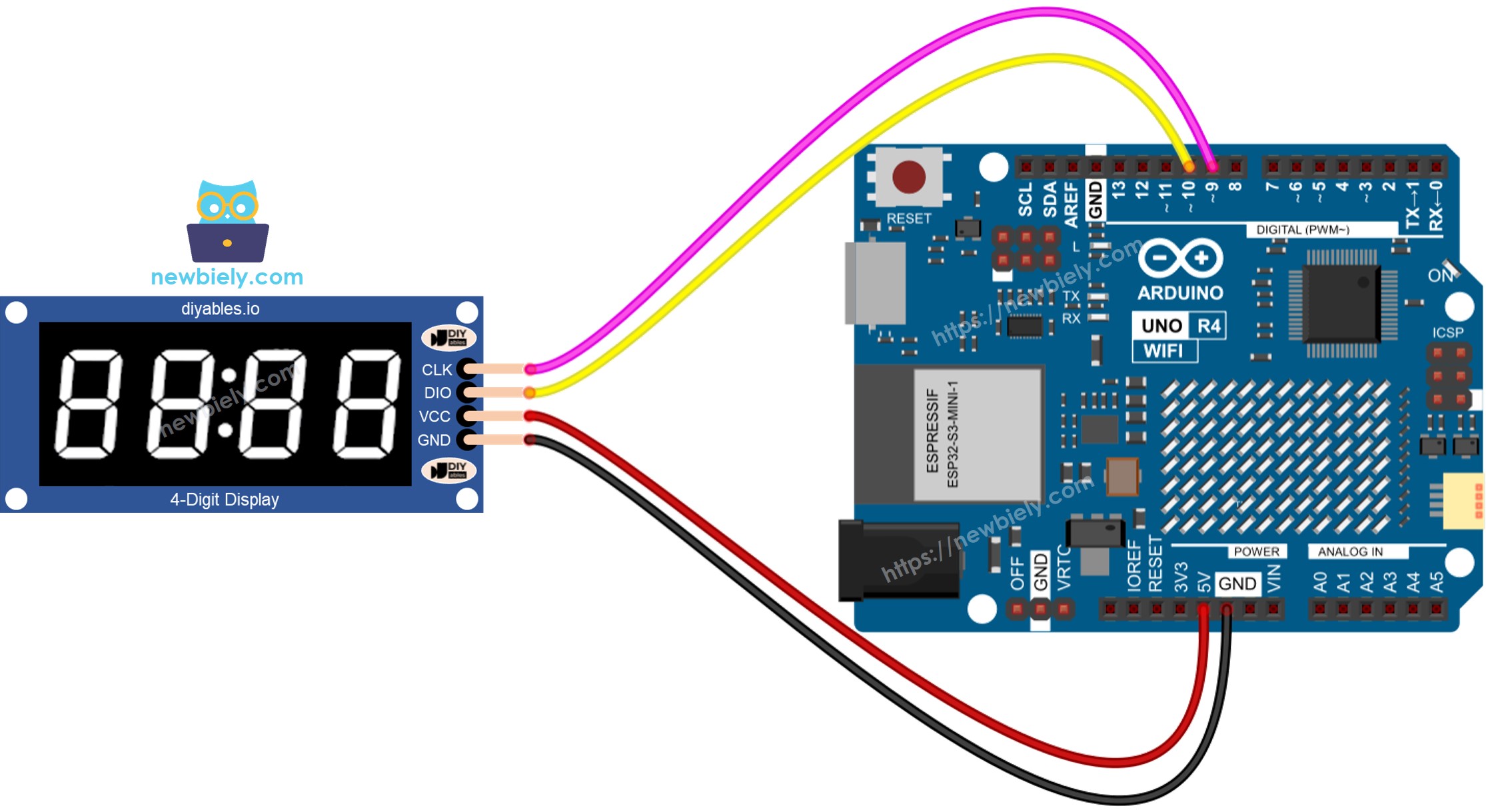 Diagrama de ligação do display de 7 segmentos e 4 dígitos TM1637 com Arduino Uno R4