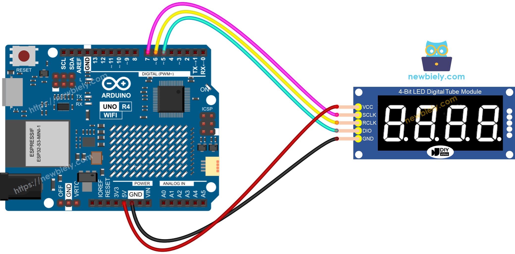 Diagrama de ligação do display de 7 segmentos e 4 dígitos 74HC595 com Arduino Uno R4