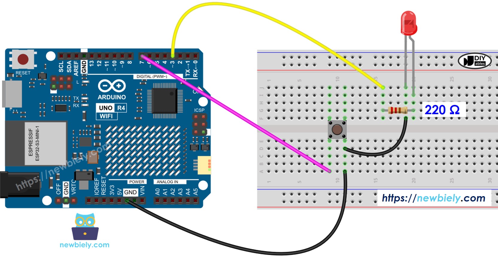 Diagrama de ligação do Botão e LED com Arduino UNO R4