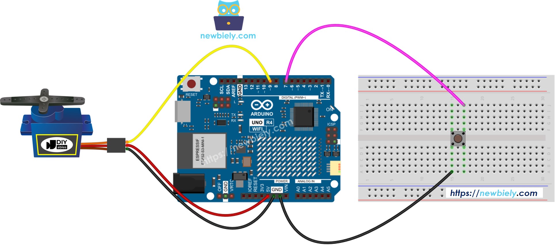 Diagrama de Ligação do Botão e Servo Motor com Arduino UNO R4