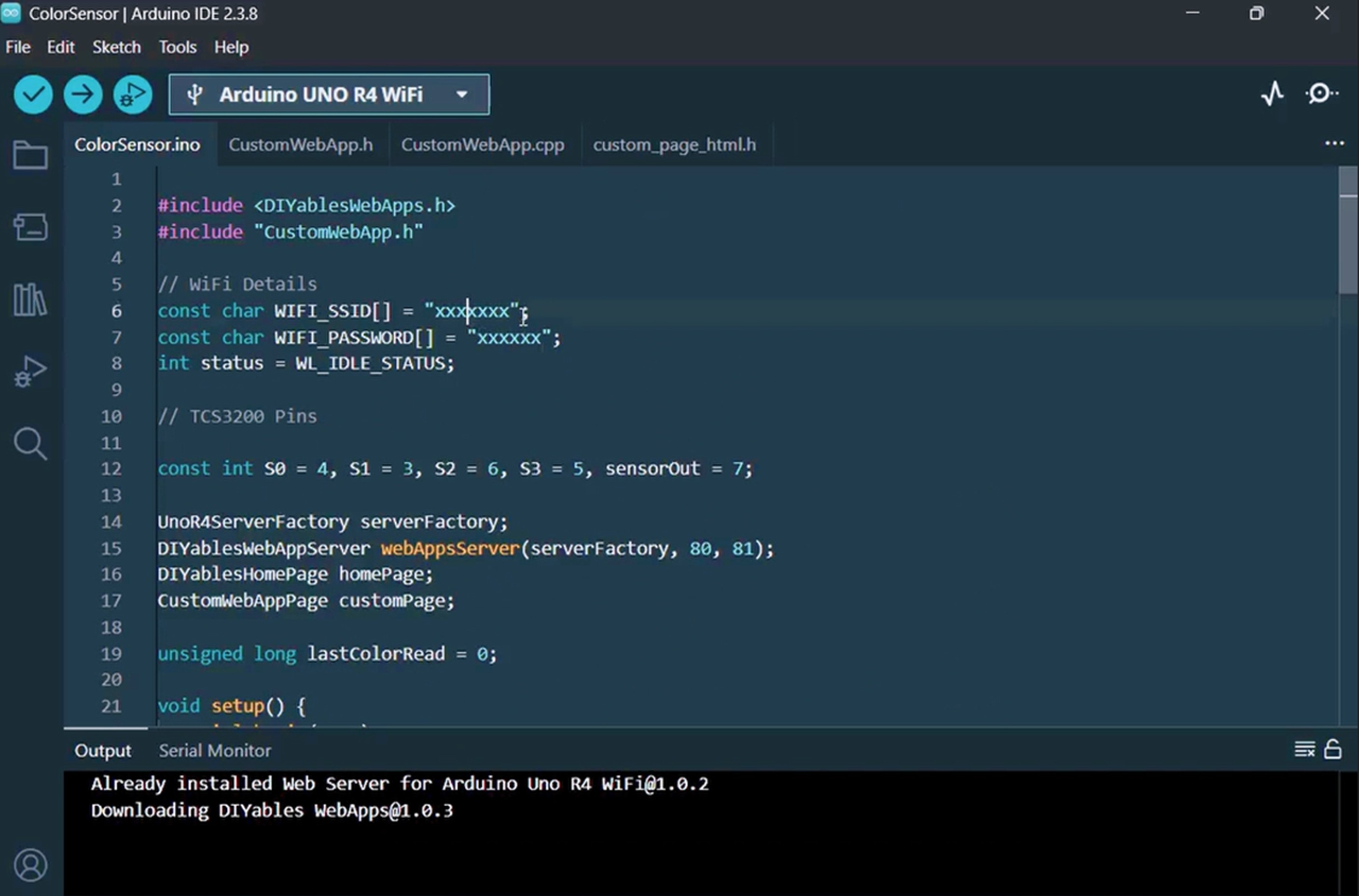 Arduino UNO R4 arquivos do projeto do aplicativo web do sensor de cor na Arduino IDE