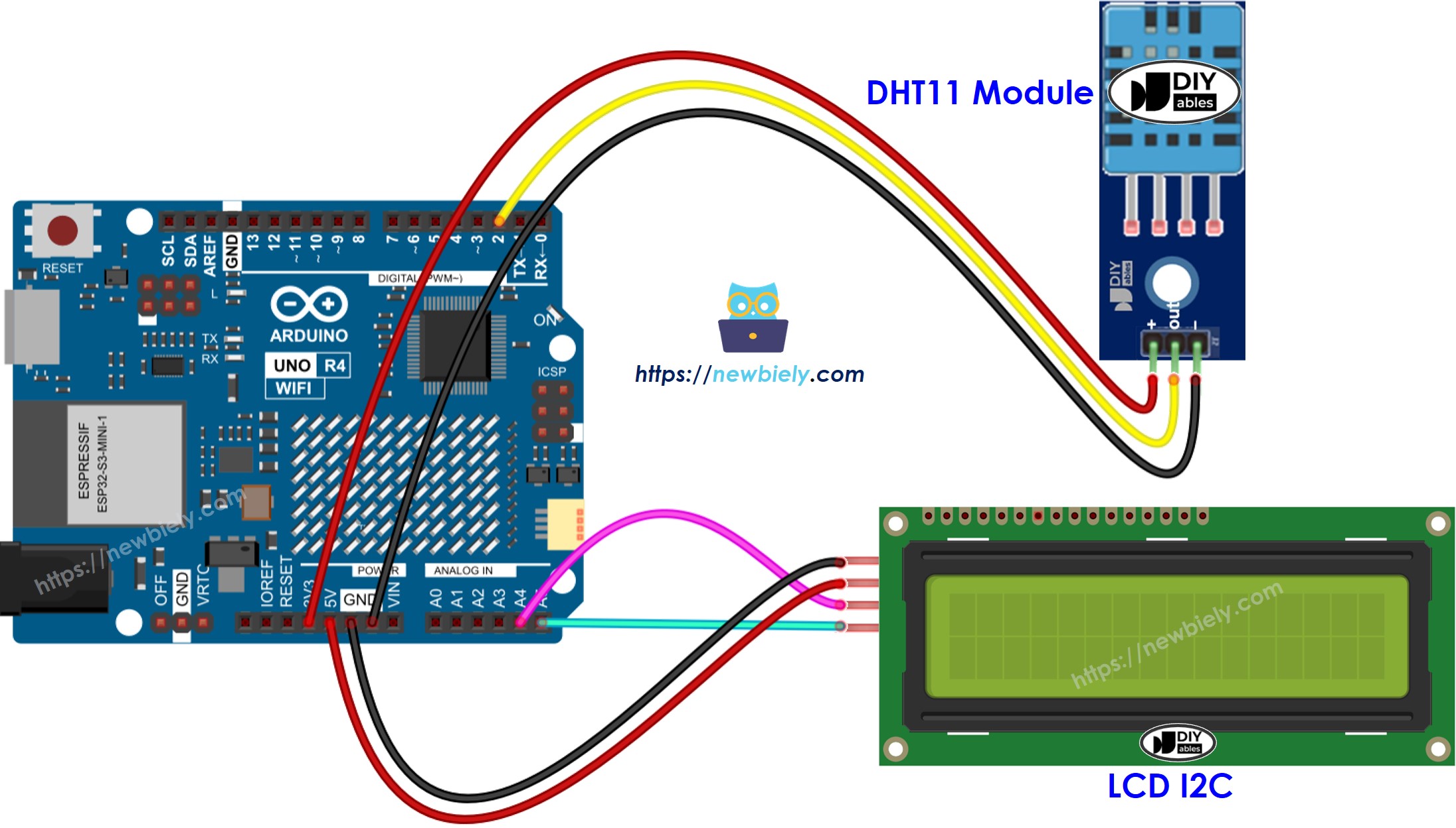Diagrama de ligação do Arduino UNO R4 com DHT11 e LCD