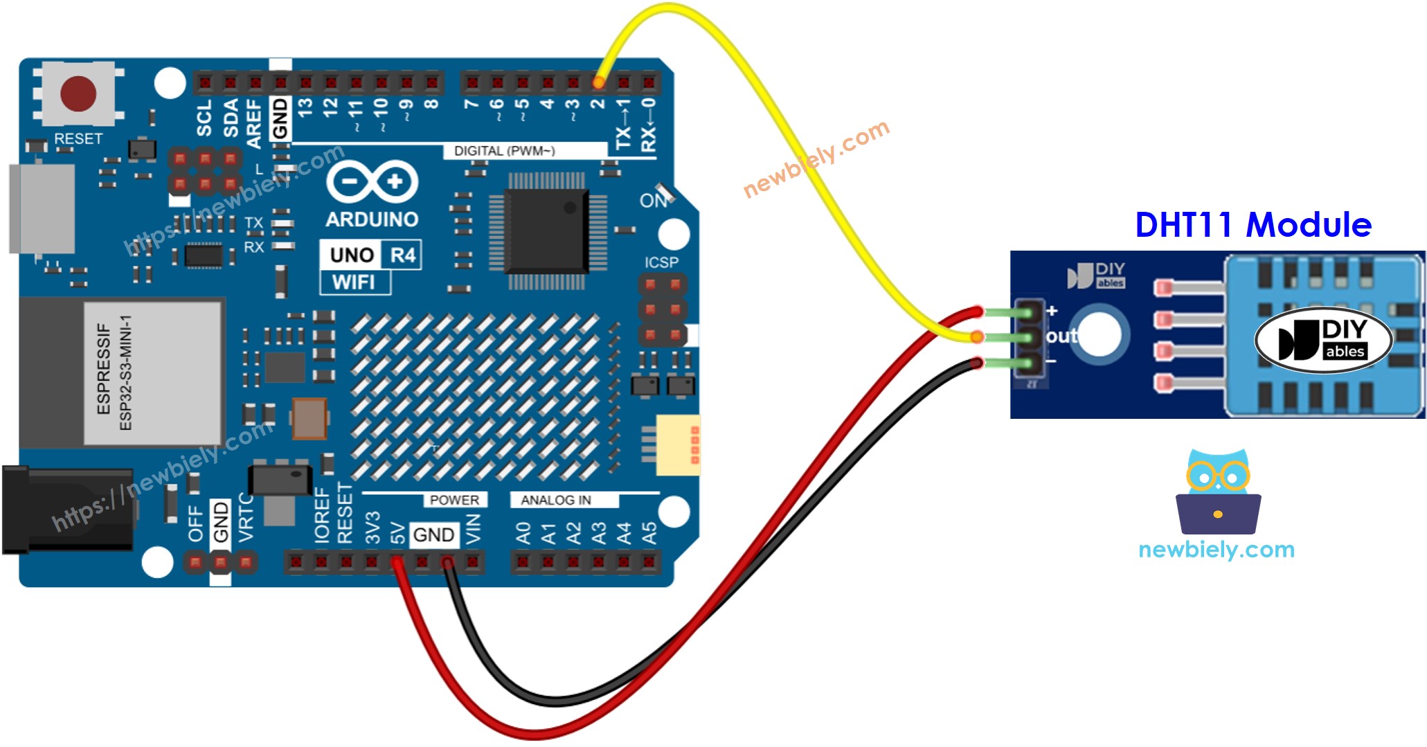 Diagrama de ligação do módulo de temperatura e umidade DHT11 com Arduino UNO R4