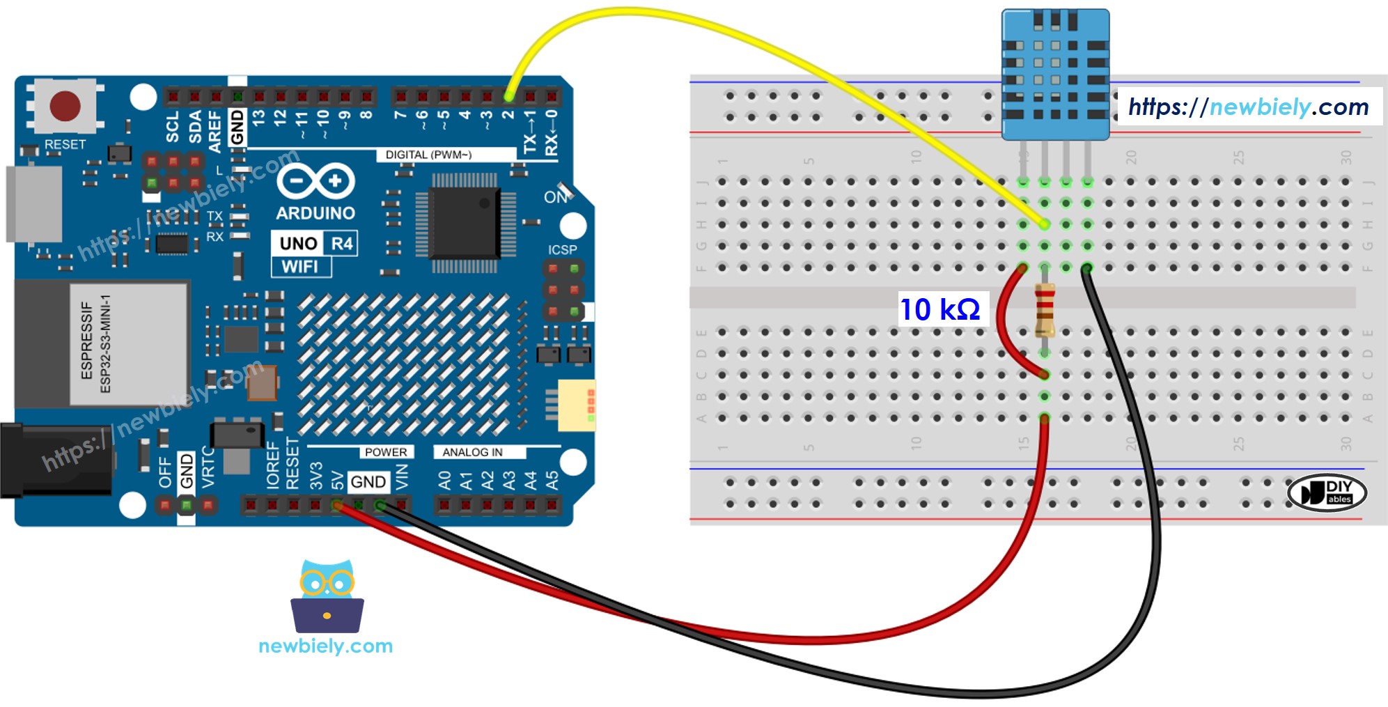 Diagrama de ligação do sensor de temperatura e umidade DHT11 com Arduino UNO R4