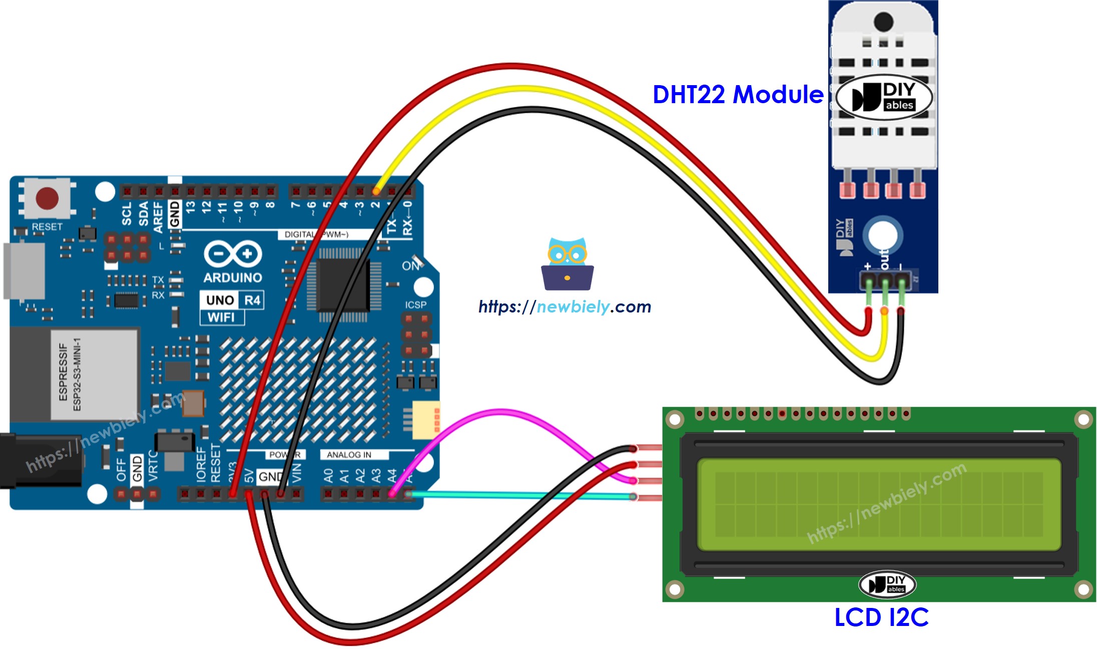Diagrama de ligação do Arduino UNO R4 com DHT22 e LCD