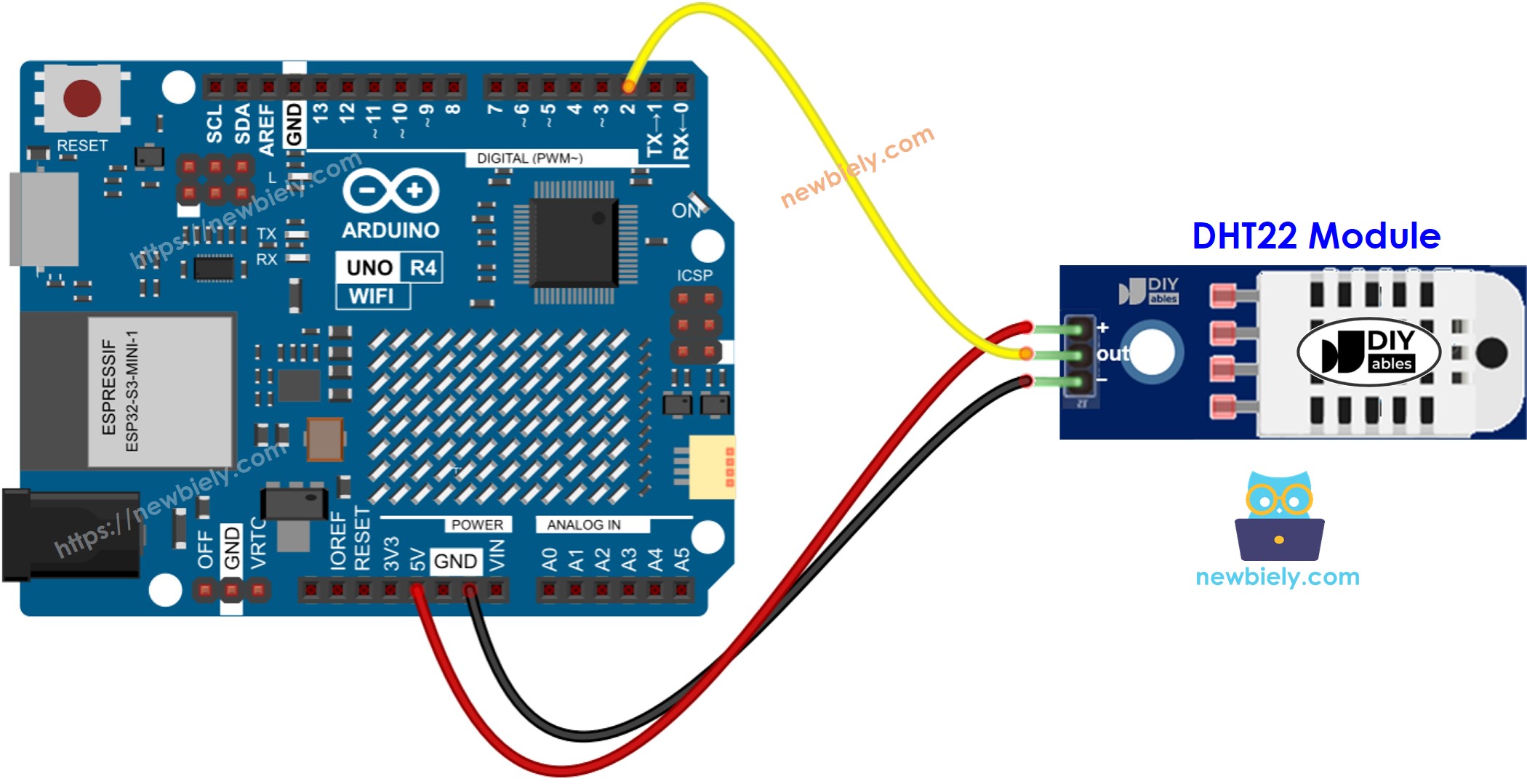 Diagrama de ligação do módulo de temperatura e umidade DHT22 com Arduino UNO R4