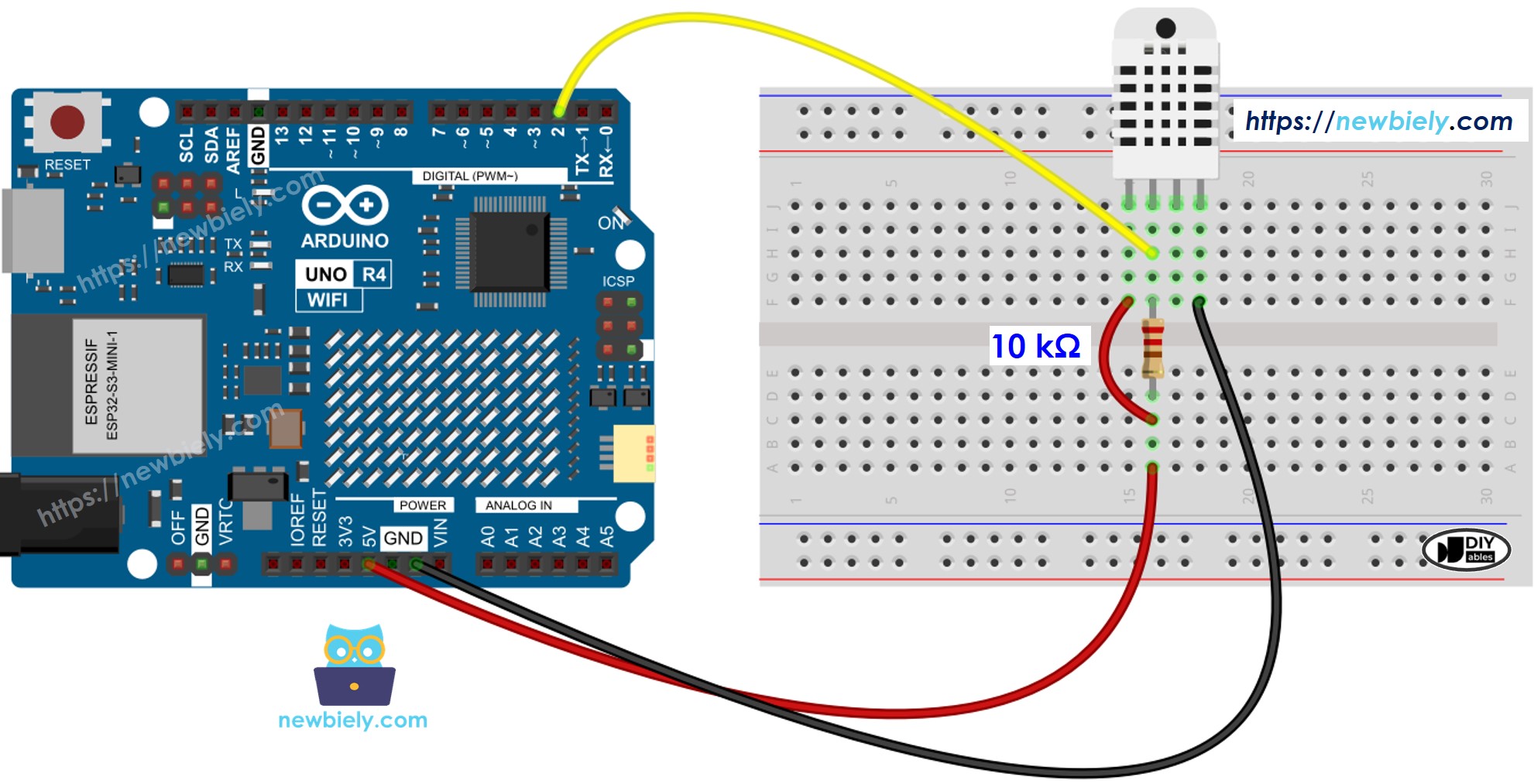 Diagrama de ligação do sensor de temperatura e umidade DHT22 com Arduino UNO R4