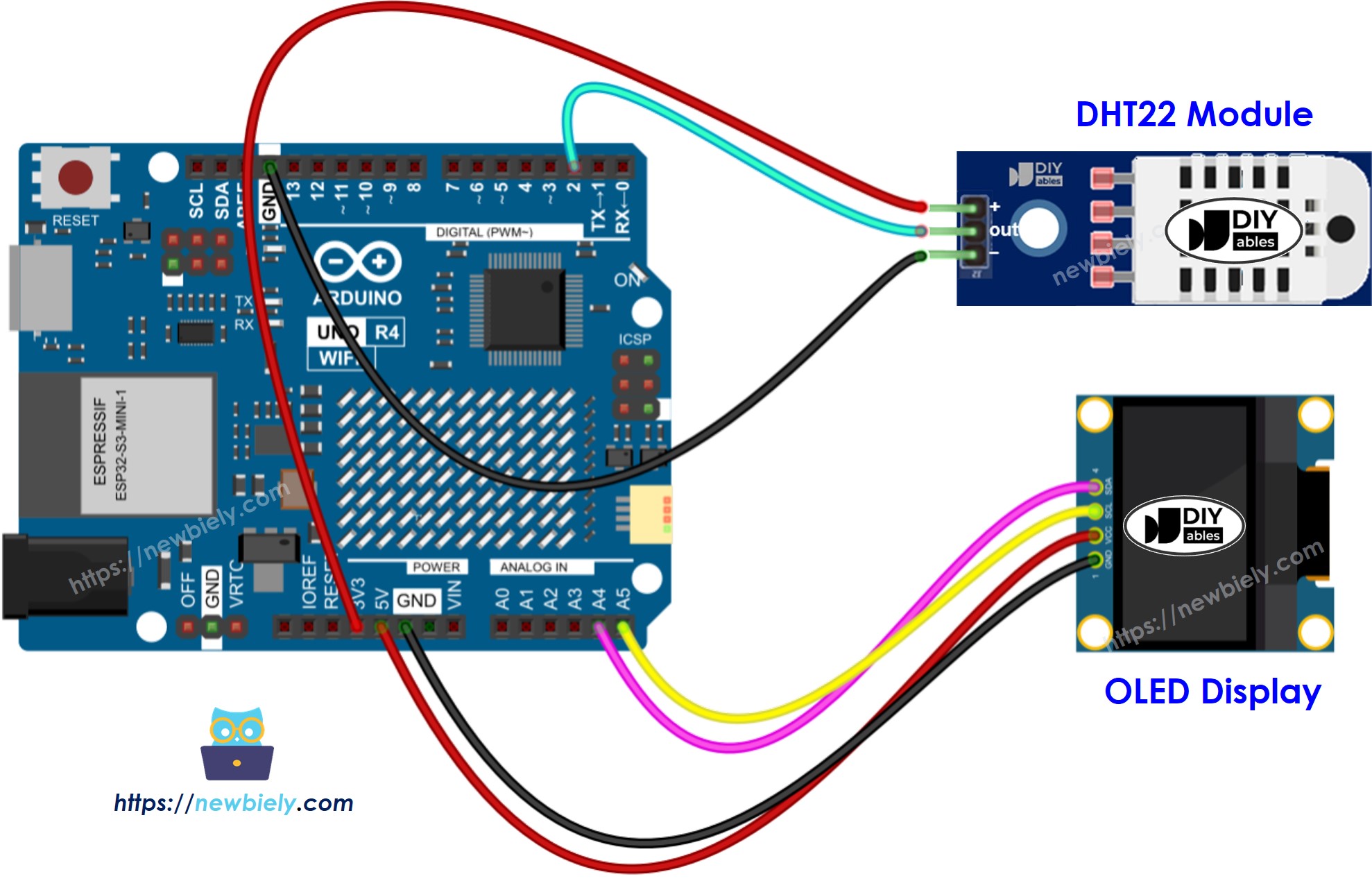 Diagrama de ligação do módulo sensor de temperatura e umidade DHT22 com tela OLED no Arduino UNO R4