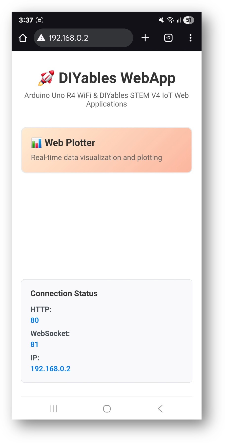 Home page do DIYables WebApp para Arduino UNO R4 com o app Web Plotter
