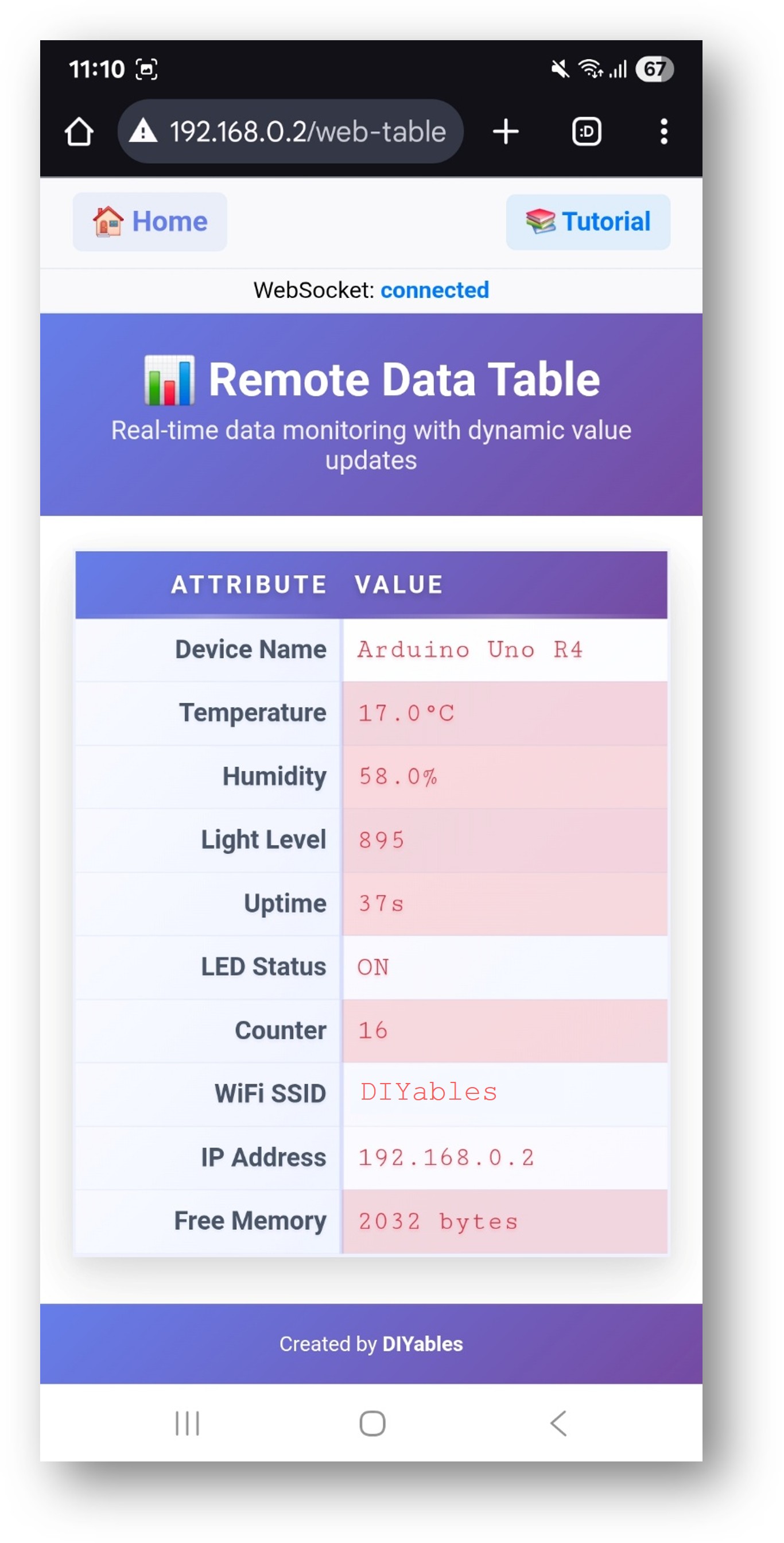 App Web Table do DIYables WebApp no Arduino UNO R4