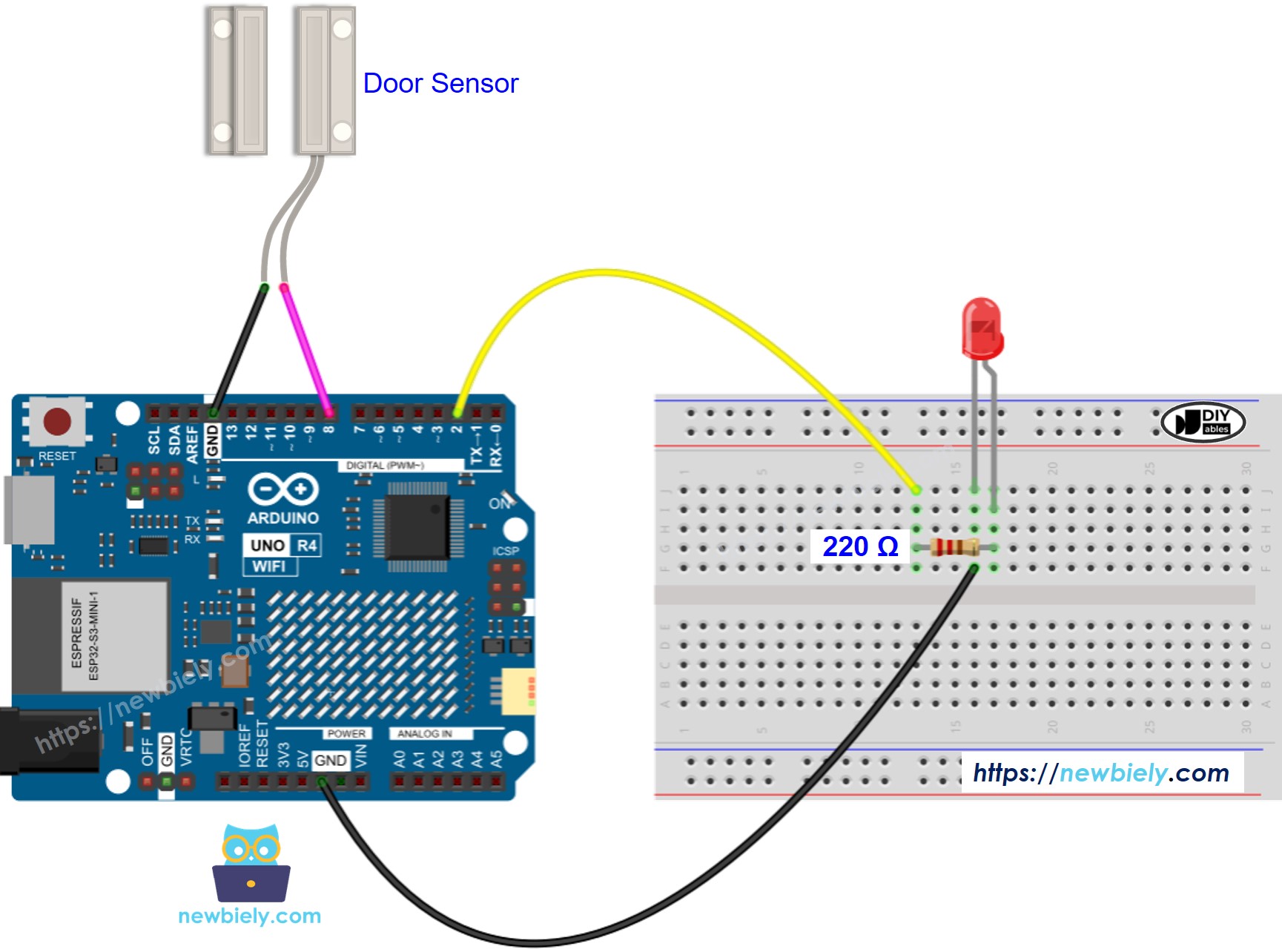 Diagrama de ligação do sensor de porta com LED no Arduino UNO R4