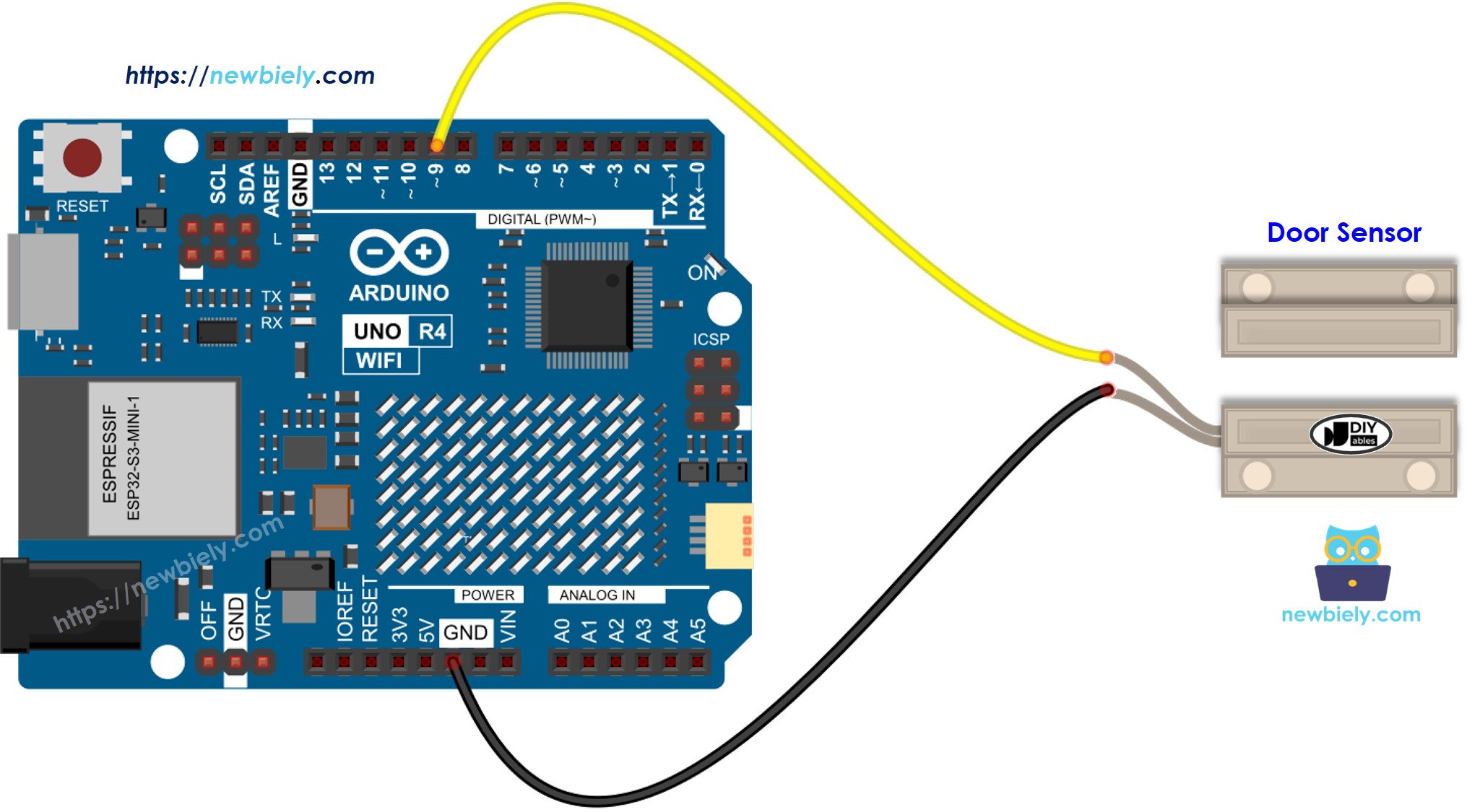 Diagrama de ligação do sensor de porta no Arduino UNO R4