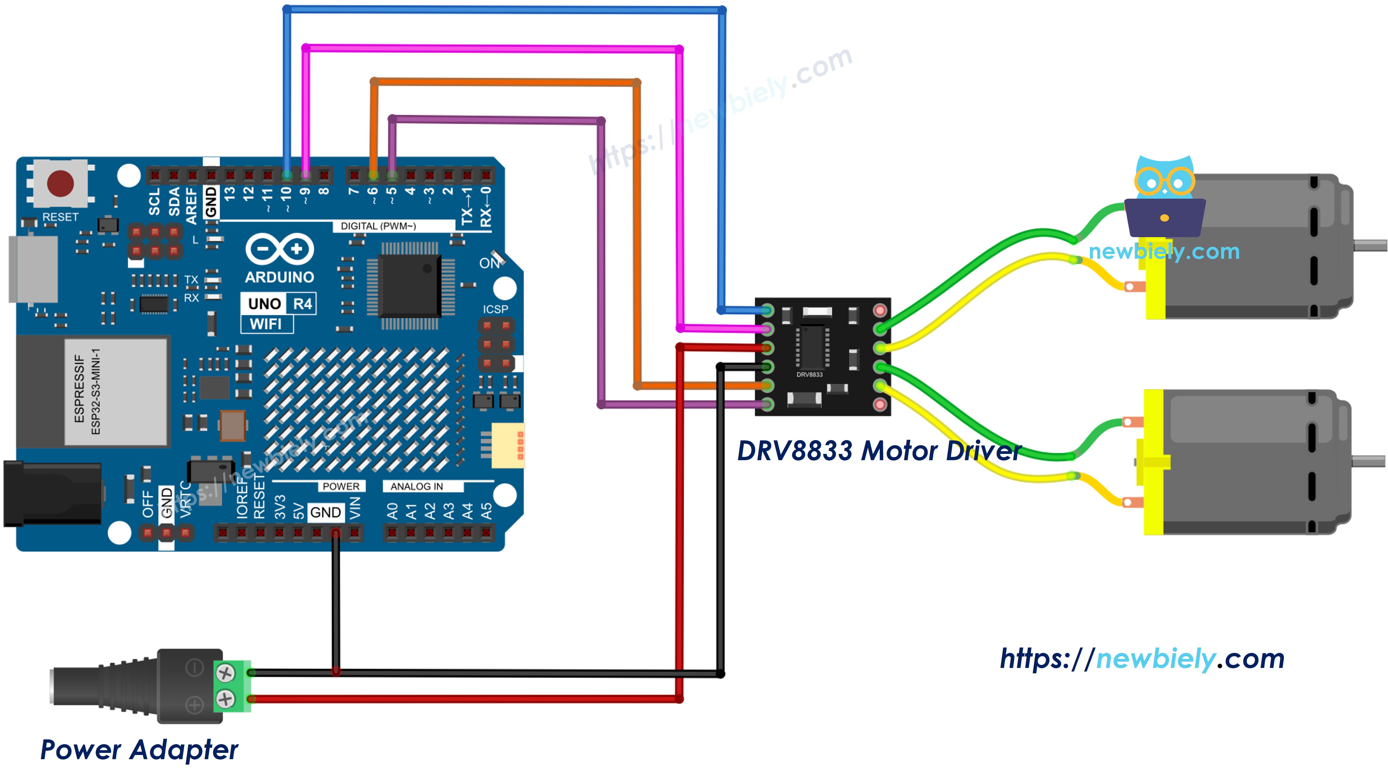 Diagrama de ligação do Arduino UNO R4 com DRV8833 e dois motores DC