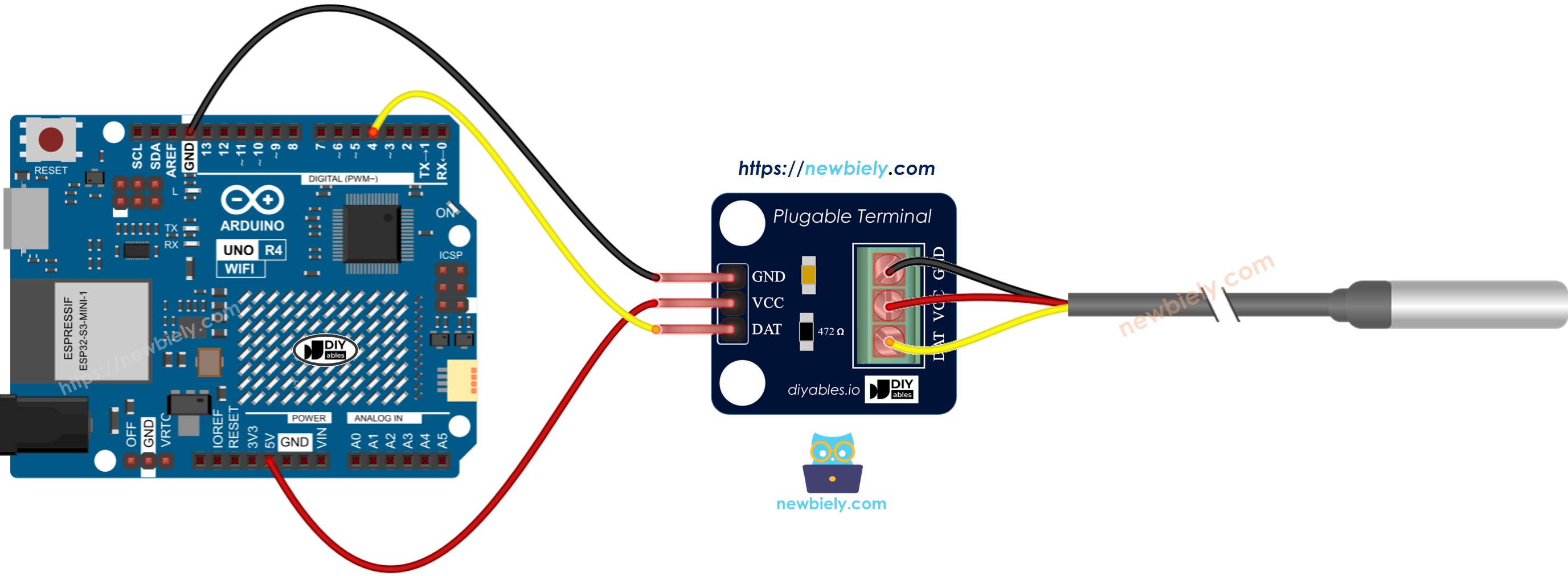 Diagrama de ligação do DS18B20 com Arduino UNO R4