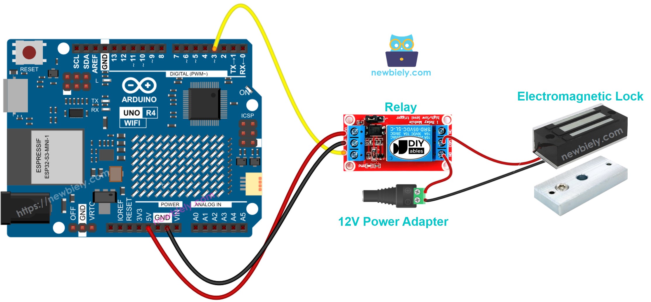 Diagrama de ligação da fechadura eletromagnética no Arduino UNO R4