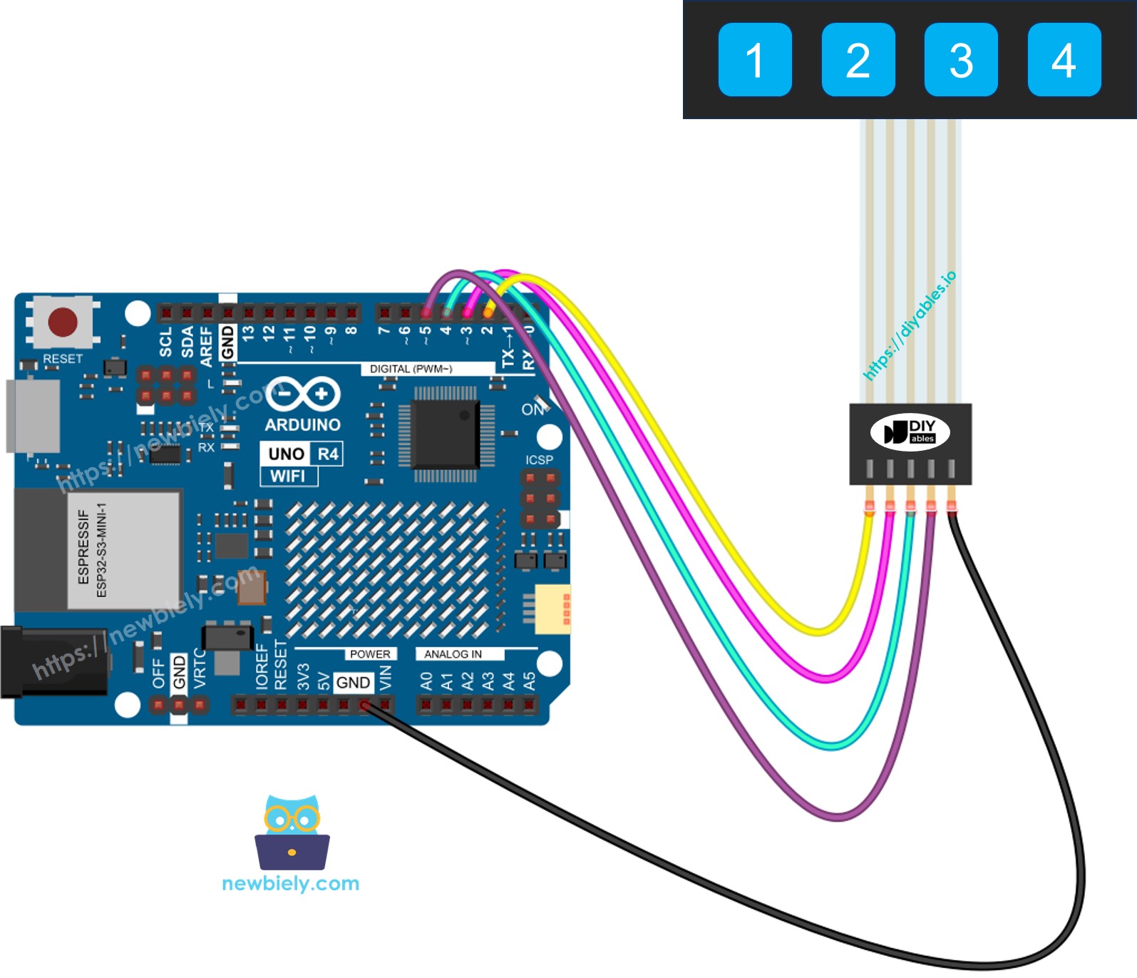 Diagrama de Ligação do Teclado 1x4 com Arduino UNO R4