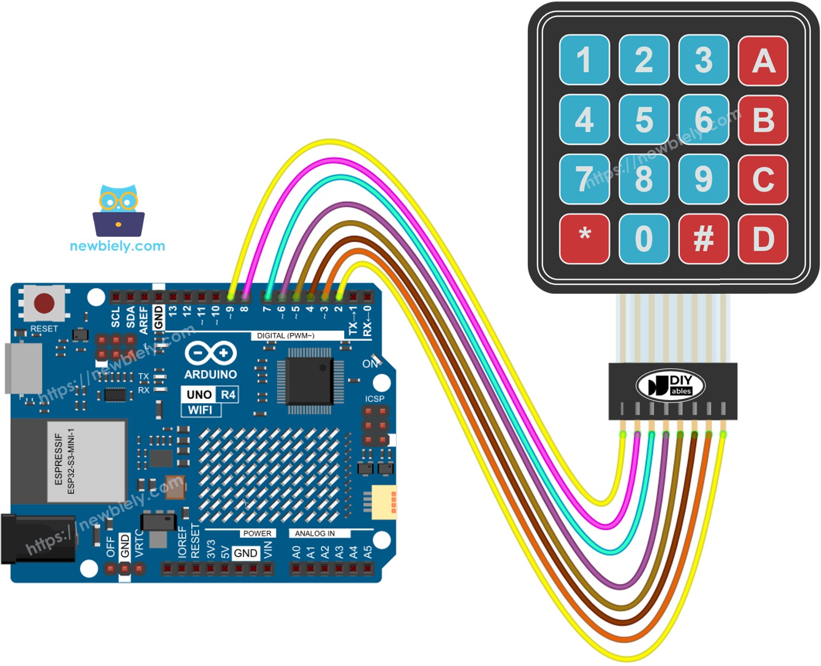 Diagrama de Ligação do Teclado 4x4 com Arduino UNO R4