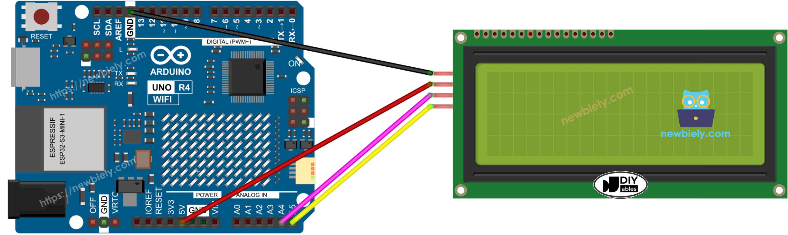 Diagrama de ligação do LCD 20x4 I2C com Arduino UNO R4