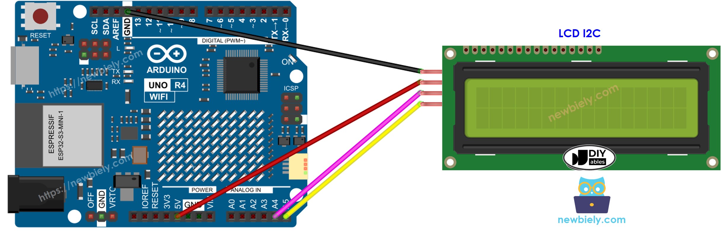 Diagrama de ligação do LCD I2C com Arduino UNO R4