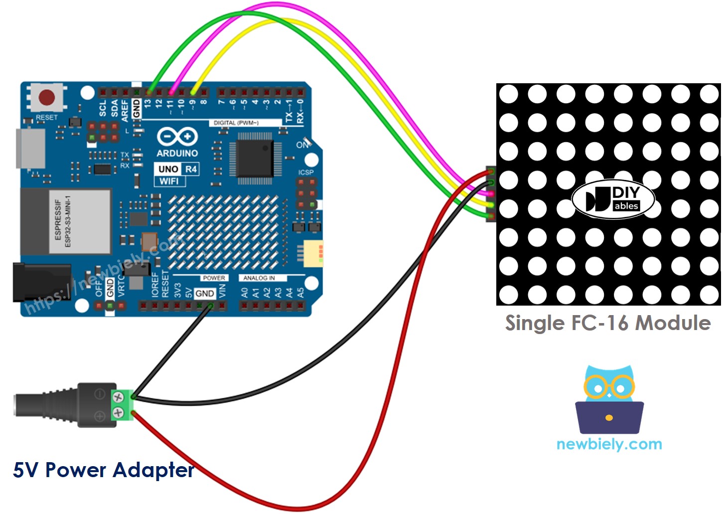 Diagrama de ligação da matriz de LED 8x8 FC-16 com Arduino UNO R4
