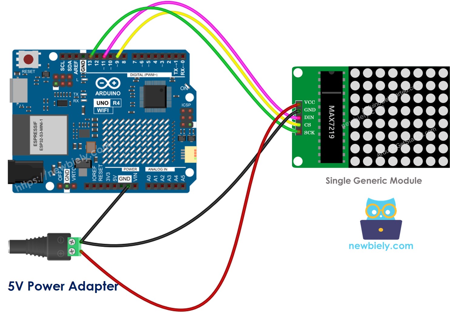 Diagrama de ligação da matriz de LED 8x8 genérica com Arduino UNO R4