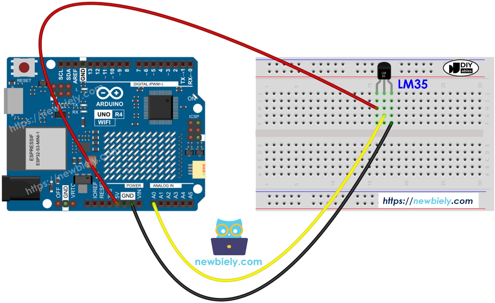Diagrama de ligação do sensor de temperatura LM35 com Arduino UNO R4