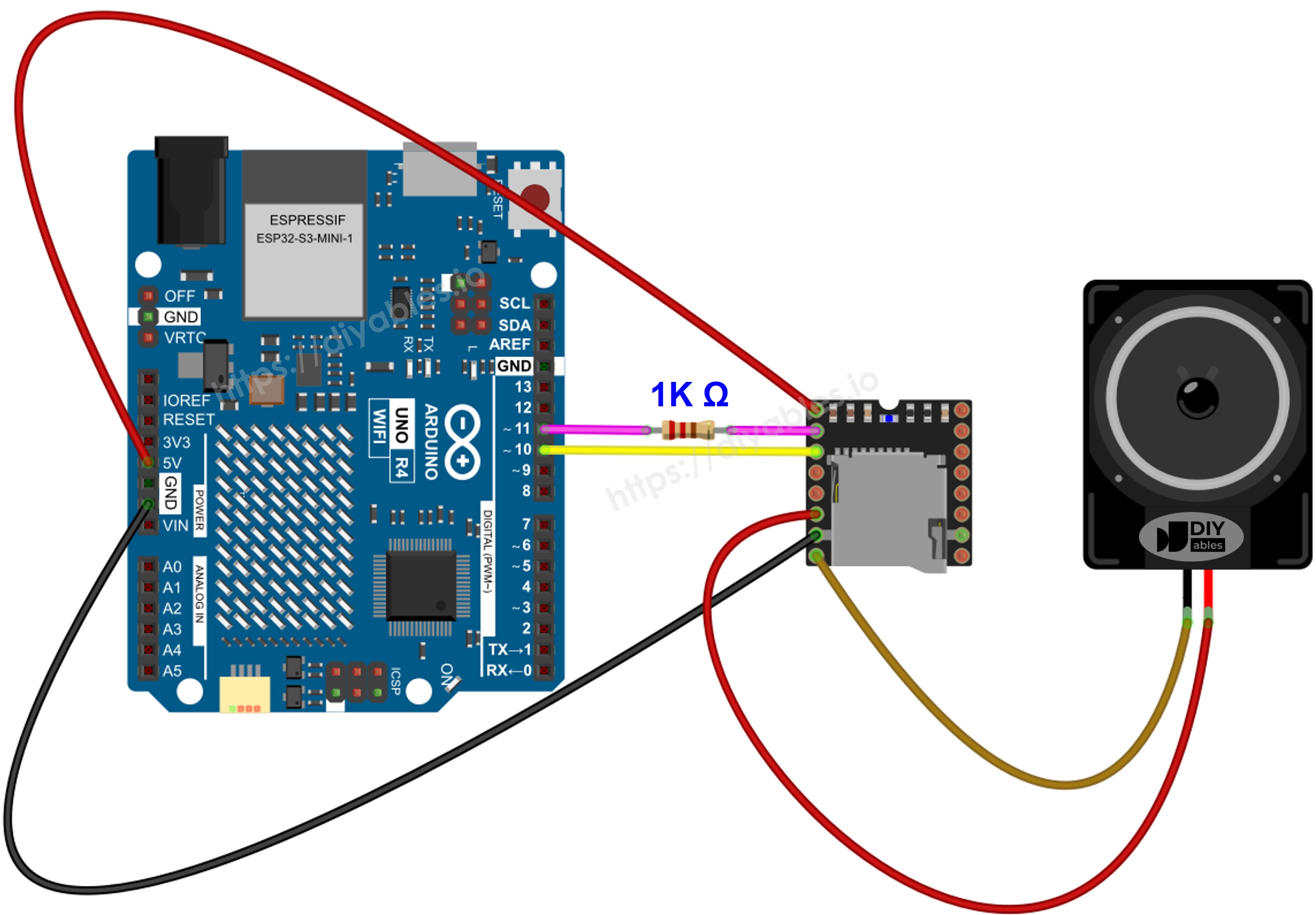 Diagrama de ligação do Arduino Uno R4 com Mini Mp3 Player
