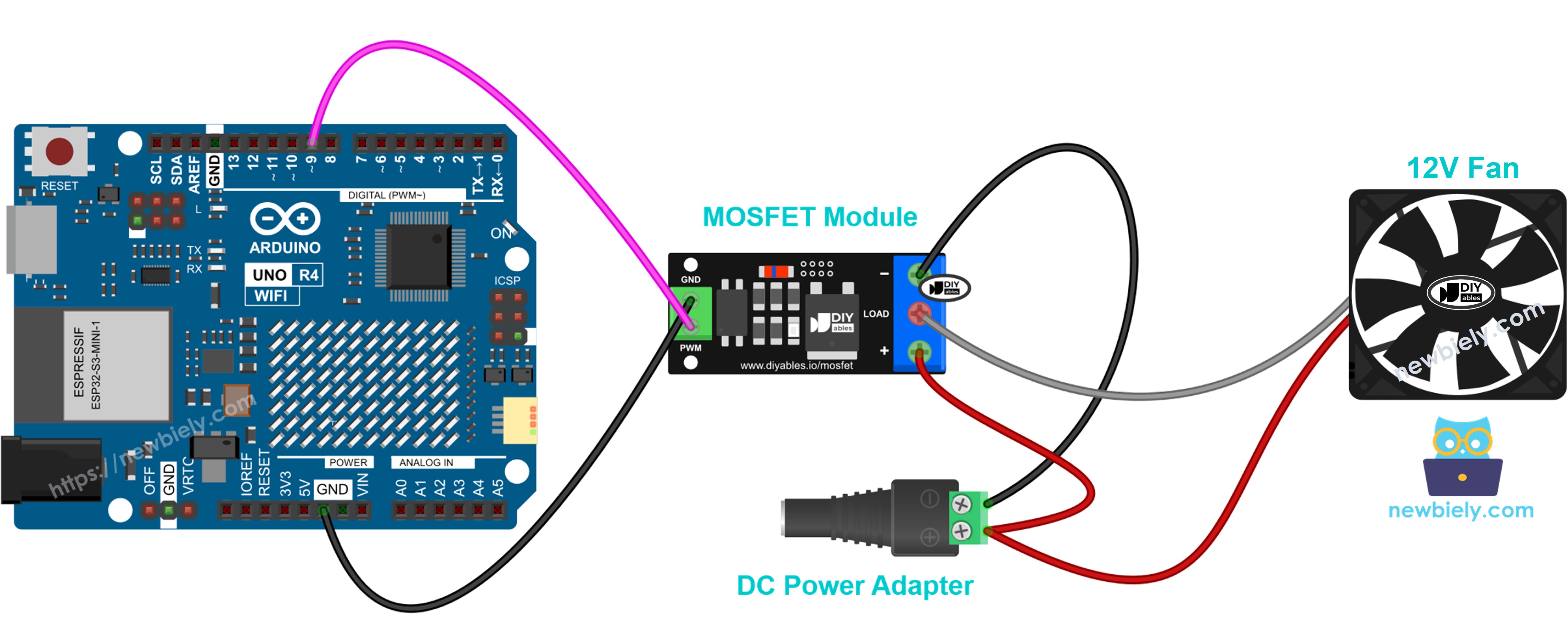 Ligação do módulo MOSFET com o Arduino UNO R4 e um ventilador de refrigeração de 12V
