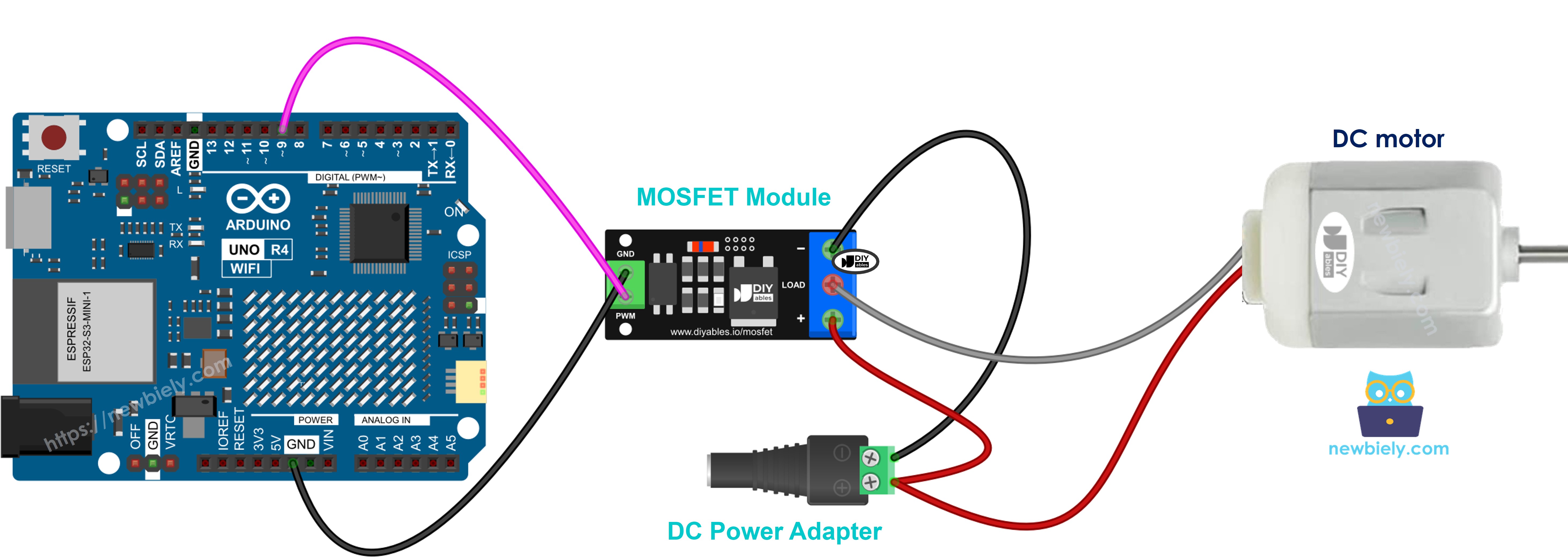 Ligação do motor DC de 12V e do módulo MOSFET