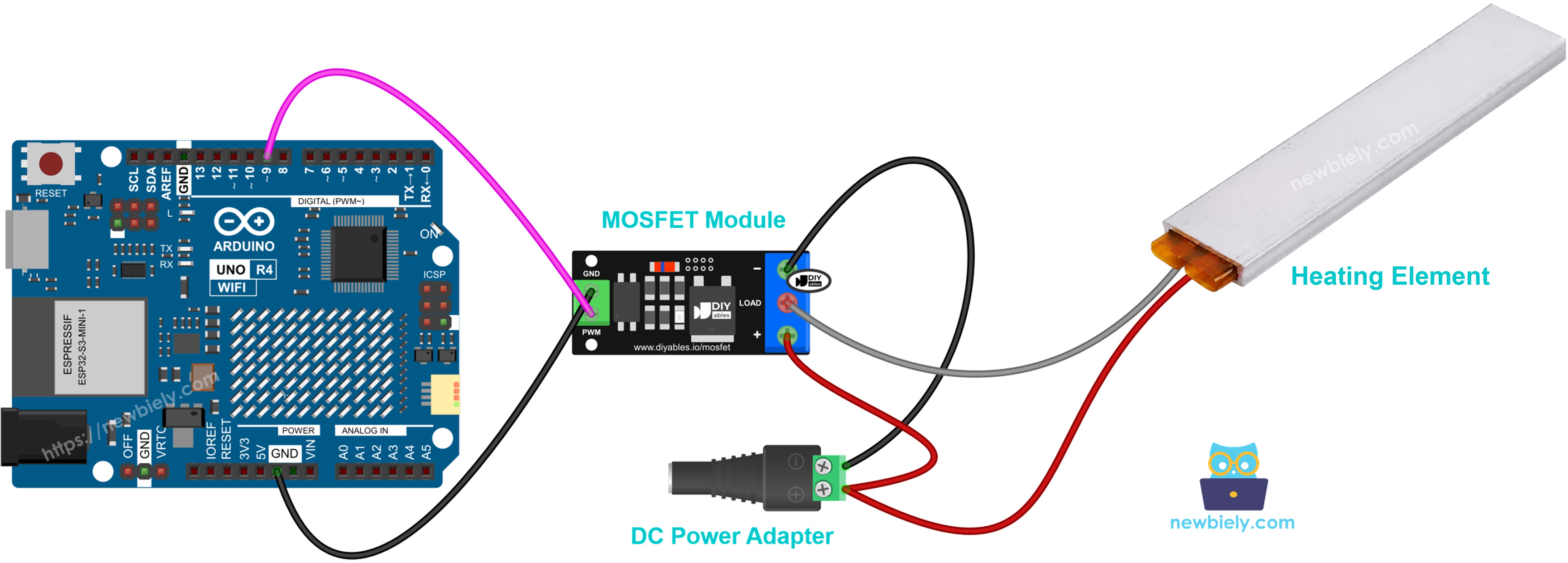 Diagrama de ligação do Arduino UNO R4 com módulo MOSFET e elemento de aquecimento