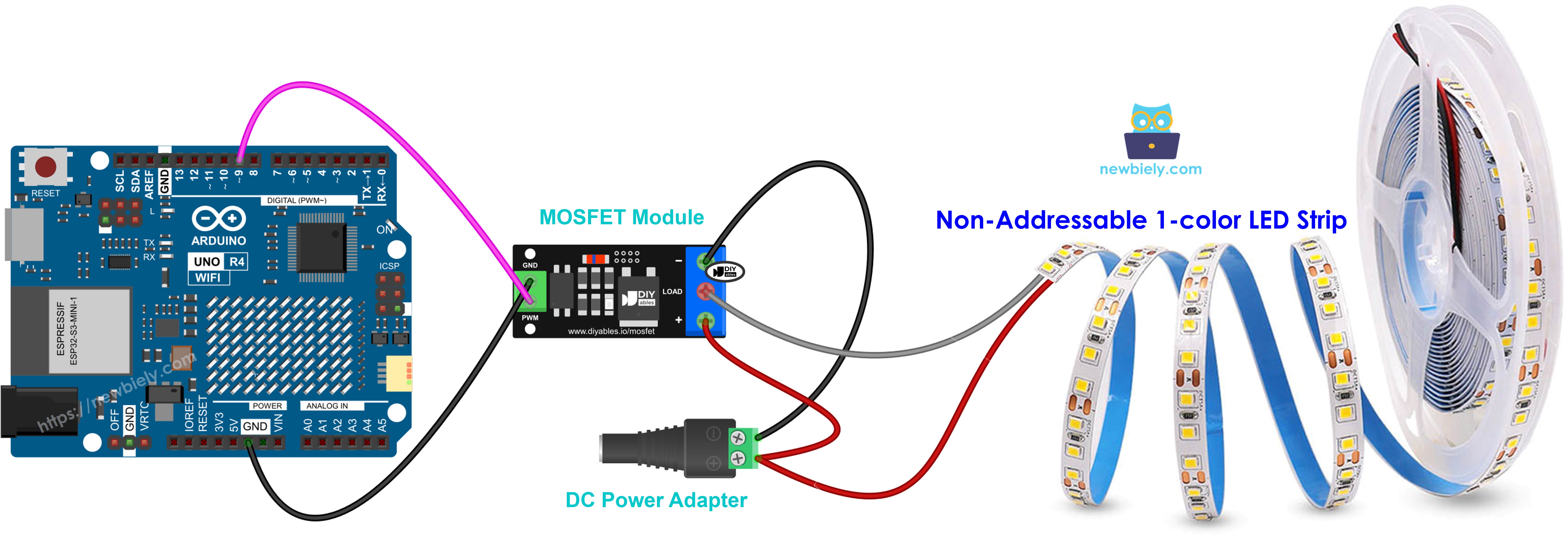 Fita LED de uma cor de 12V conectada ao módulo MOSFET