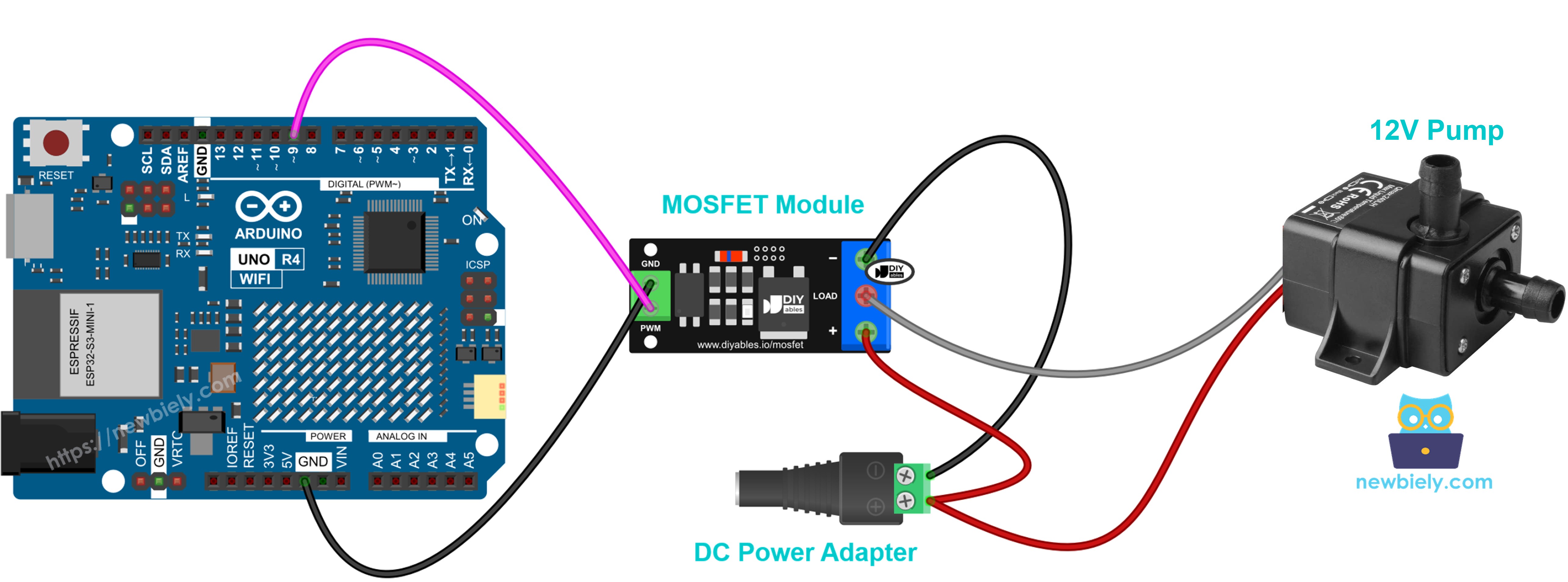 Arduino UNO R4 diagrama de ligação da bomba com módulo MOSFET