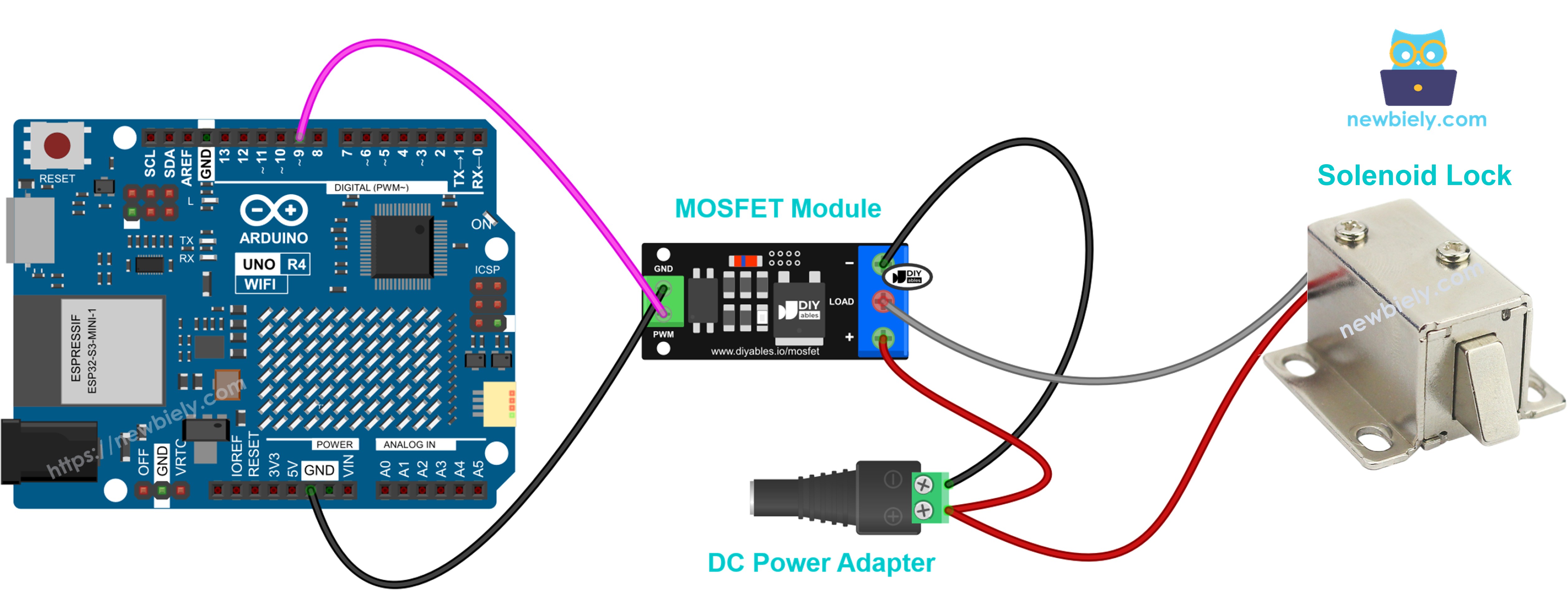 Fechadura solenoide de 12V ligada ao módulo MOSFET