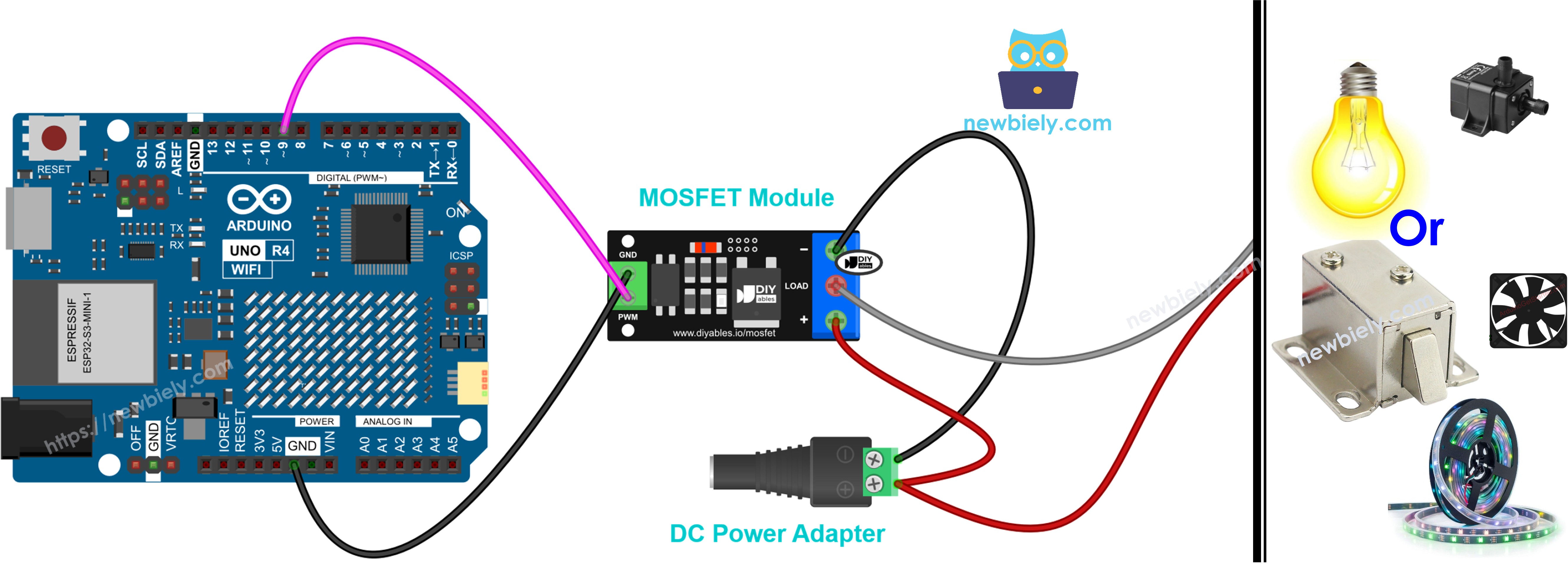 Diagrama de ligação do Arduino UNO R4 com módulo MOSFET AOD4184, LR7843 ou FR120N