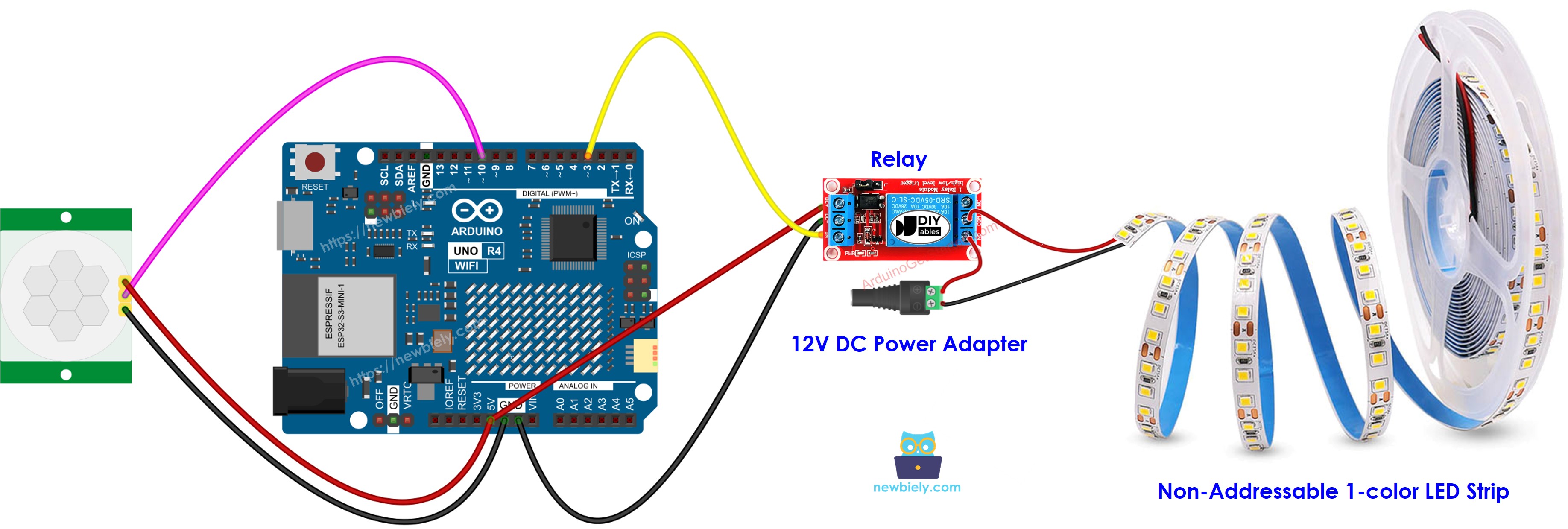 Diagrama de Ligação do Arduino UNO R4 com Sensor de Movimento e Fita LED