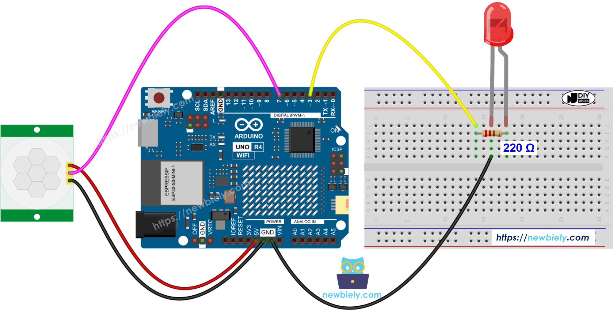 Diagrama de Ligação do Arduino UNO R4 com Sensor de Movimento e LED