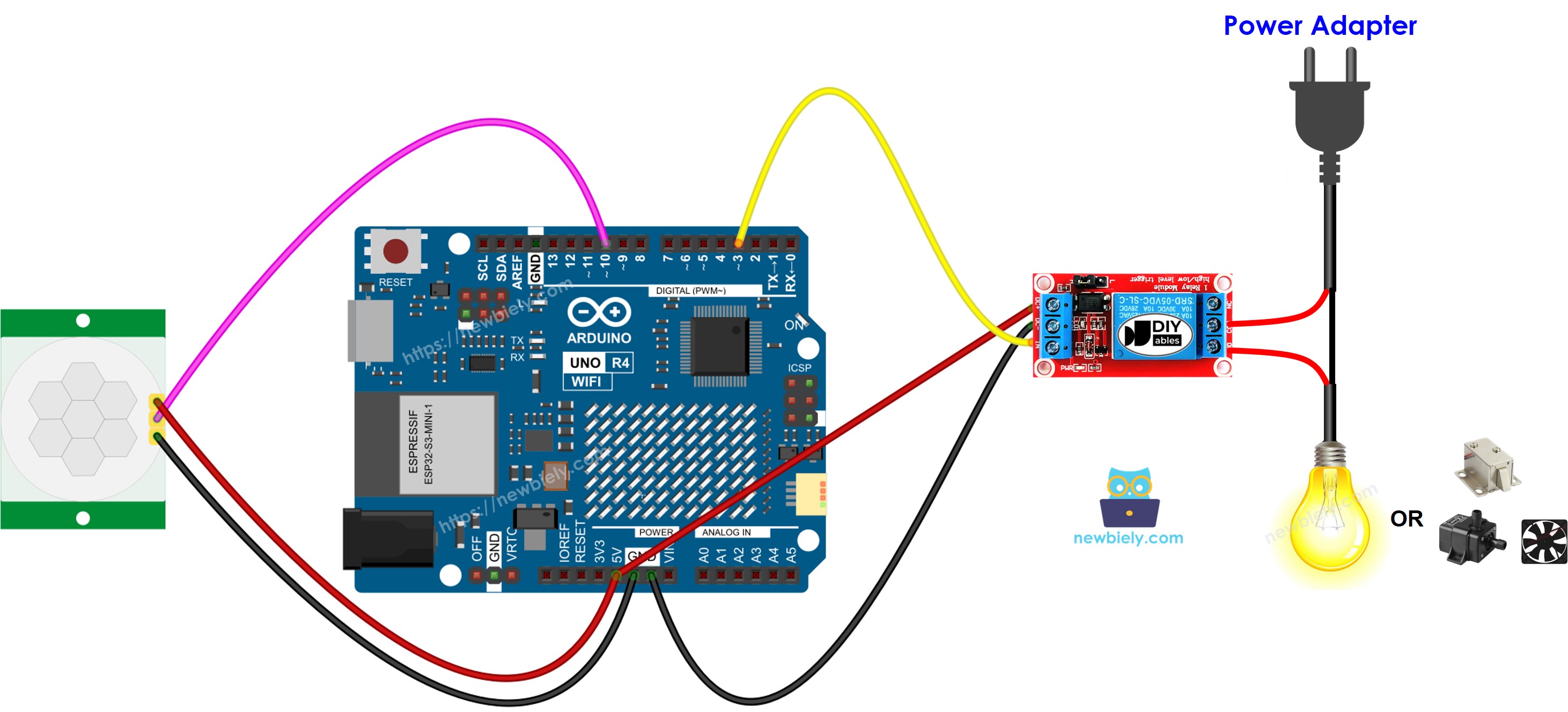 Diagrama de Ligação do Arduino UNO R4 com Sensor de Movimento e Relé