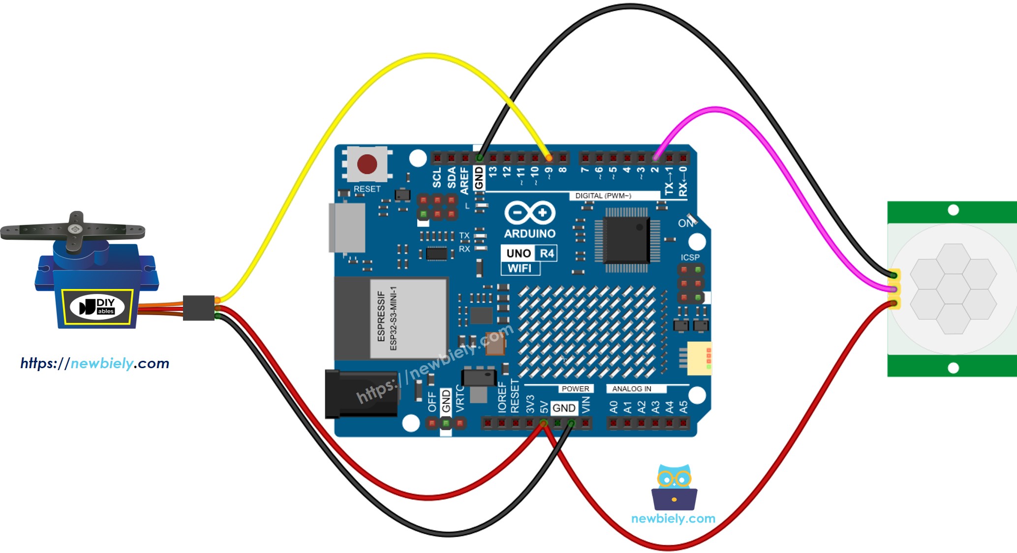 Diagrama de Ligação do Arduino UNO R4 com Sensor de Movimento e Servo Motor