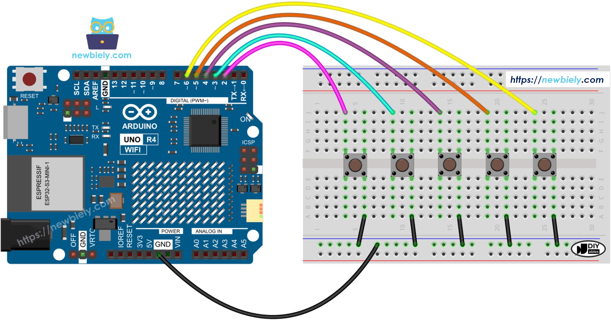 Diagrama de Ligação de vários botões com Arduino UNO R4