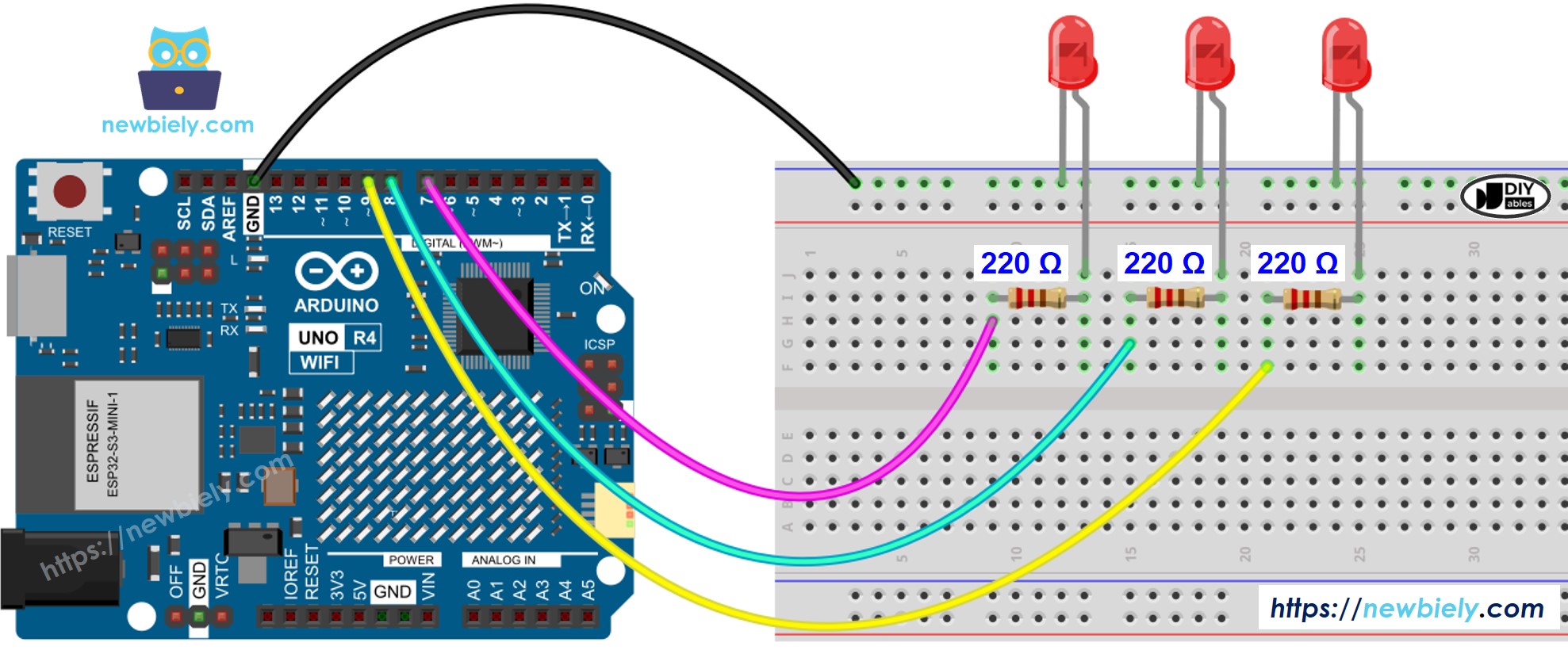 Diagrama de Ligação de vários LEDs com Arduino UNO R4