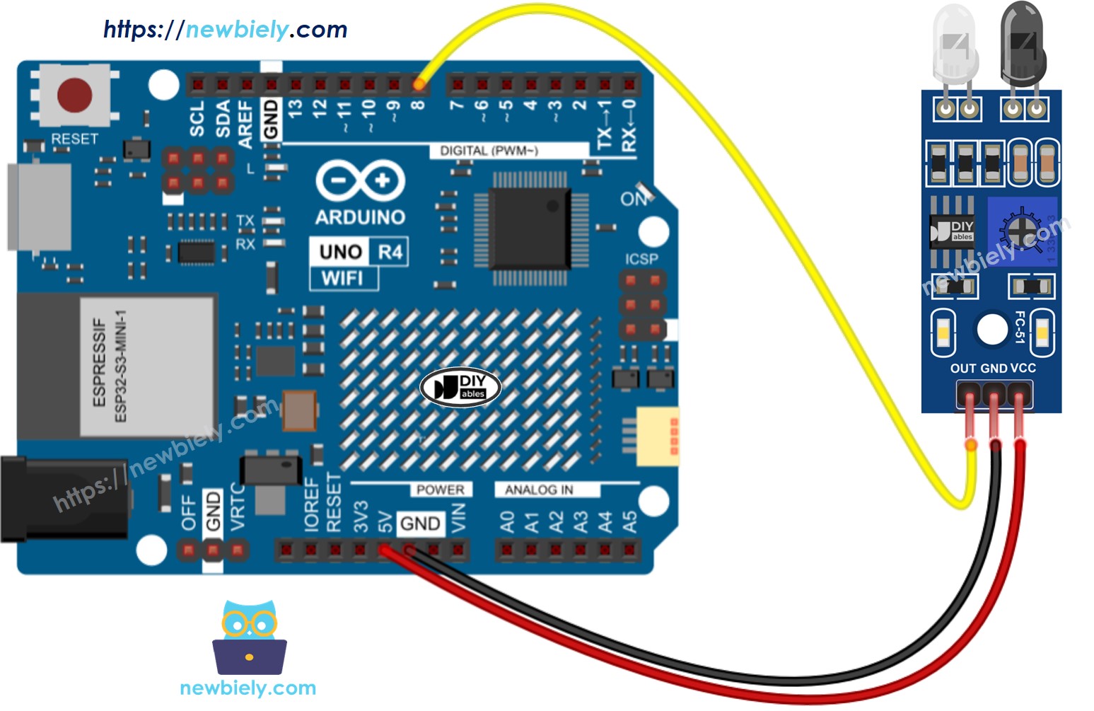 The wiring diagram between Arduino UNO R4 IR Obstacle Avoidance Sensor