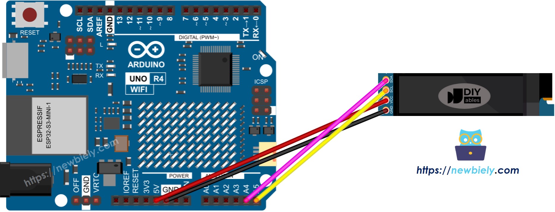 Diagrama de ligação do OLED 128x32 com Arduino UNO R4