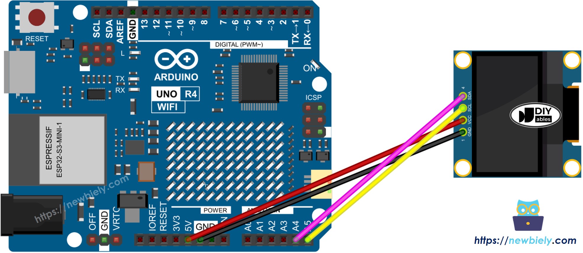 Diagrama de ligação do OLED 128x64 com Arduino UNO R4